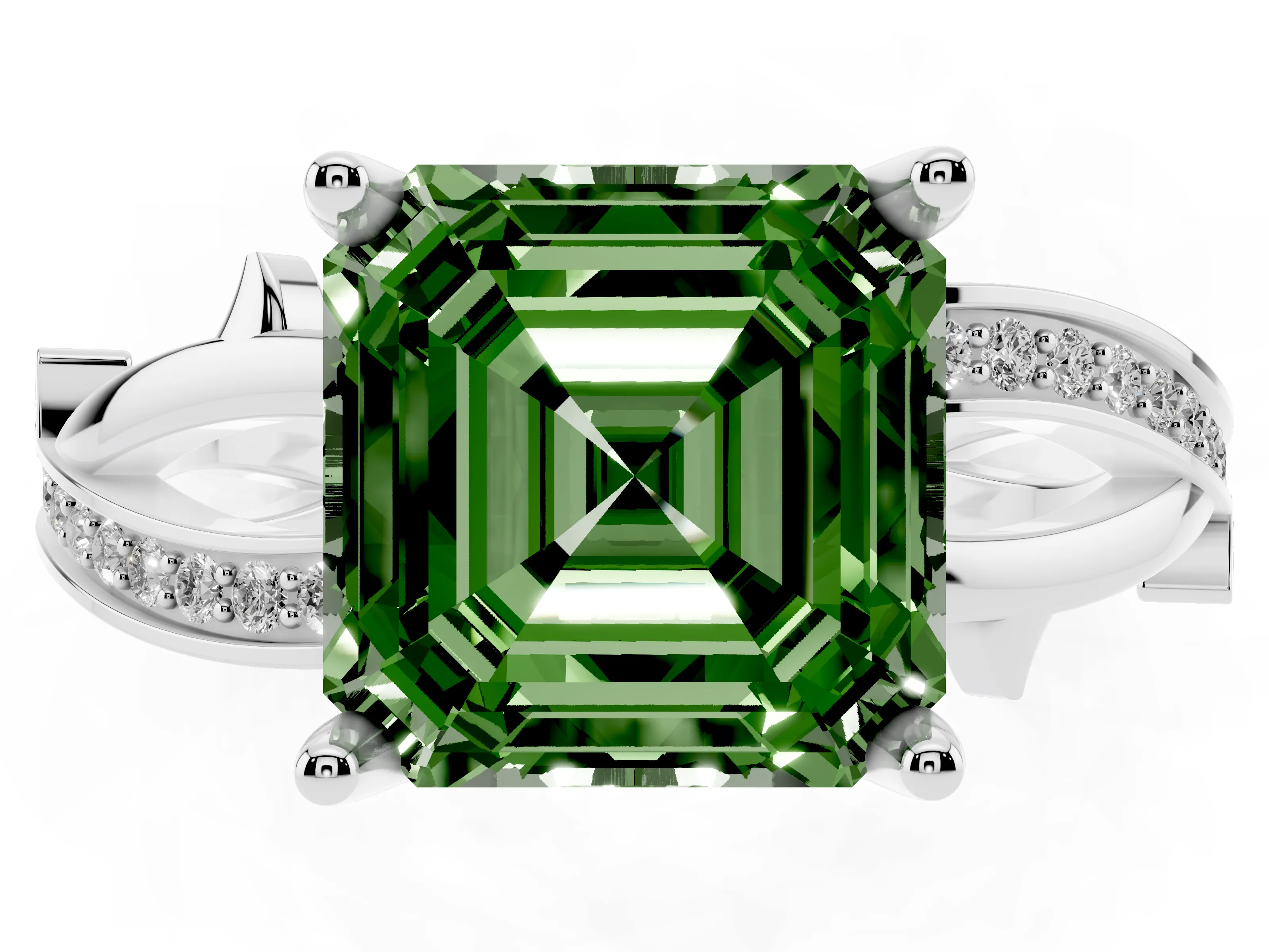 Fancy Green Asscher Cut Diamond Pavé Twist Band Solitaire Ring Set in Silver with Prong Setting