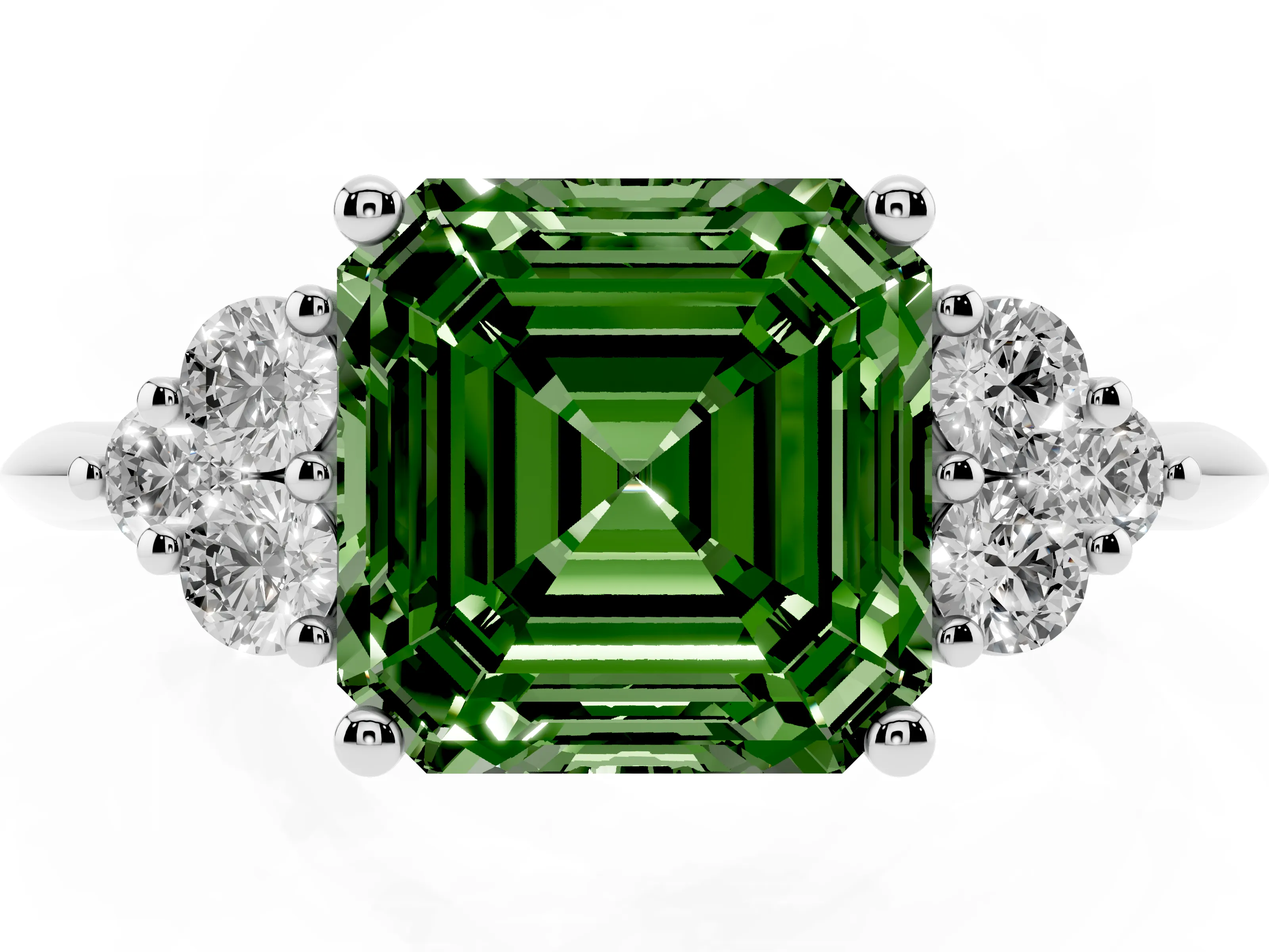 Fancy Green Asscher Cut Diamond Cluster Ring Set in White gold with Plain Band and Prong Setting