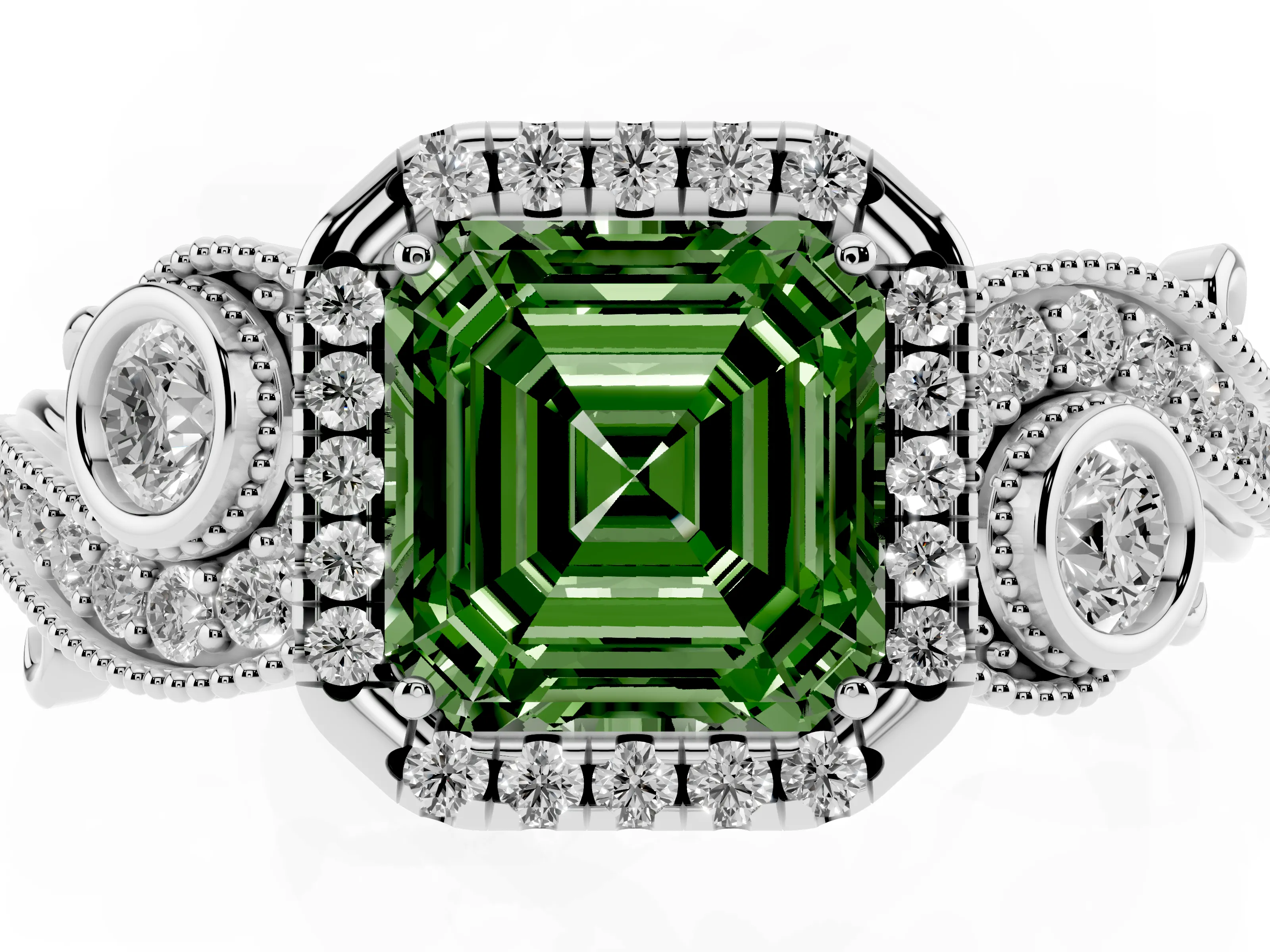 Fancy Green Asscher Cut Diamond Halo Ring Set in Platinum with Milgrain Pavé Band and Prong Setting