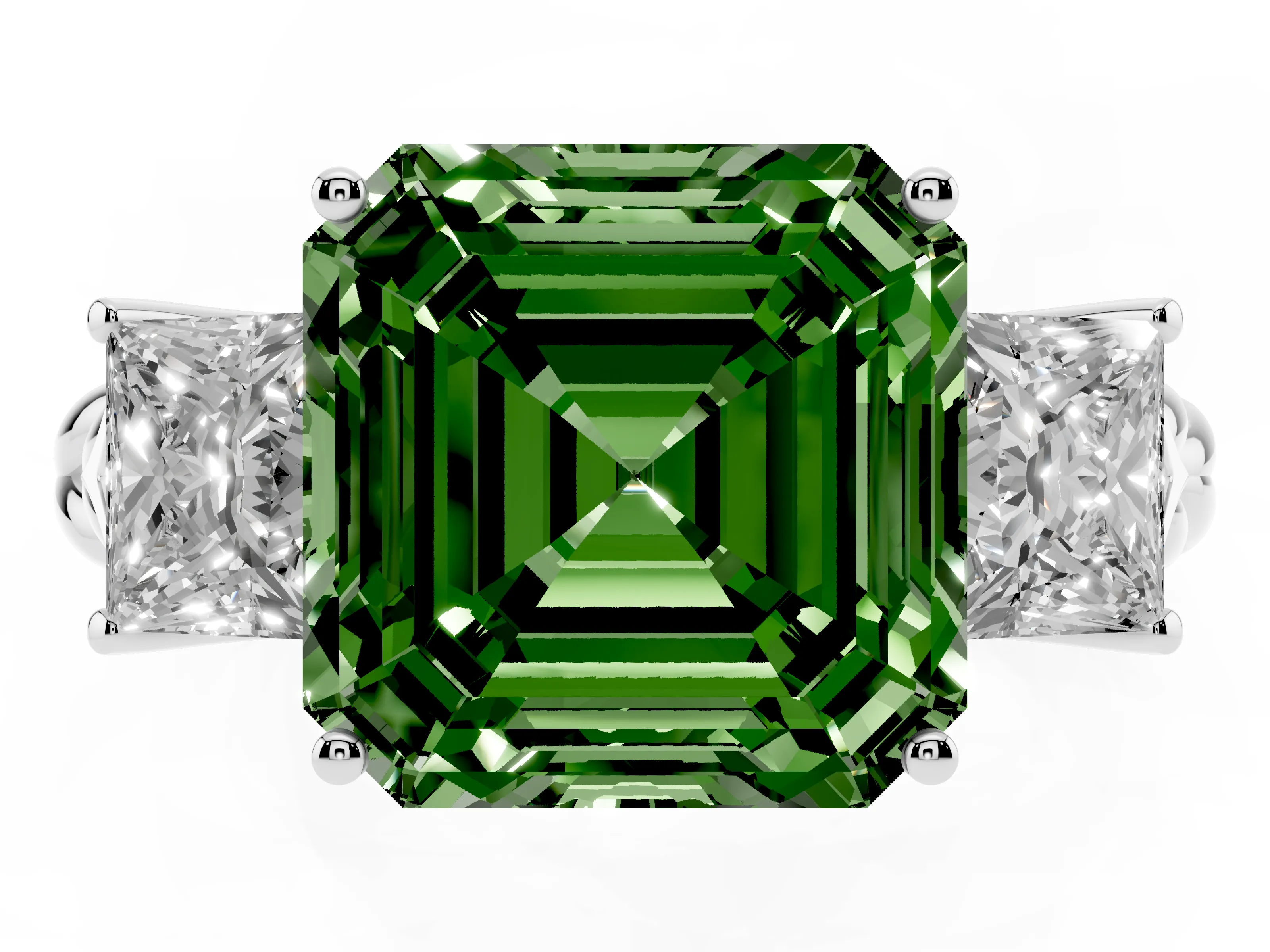 Fancy Green Asscher Cut Diamond Three-Stone Ring Set in White gold with Braided Band