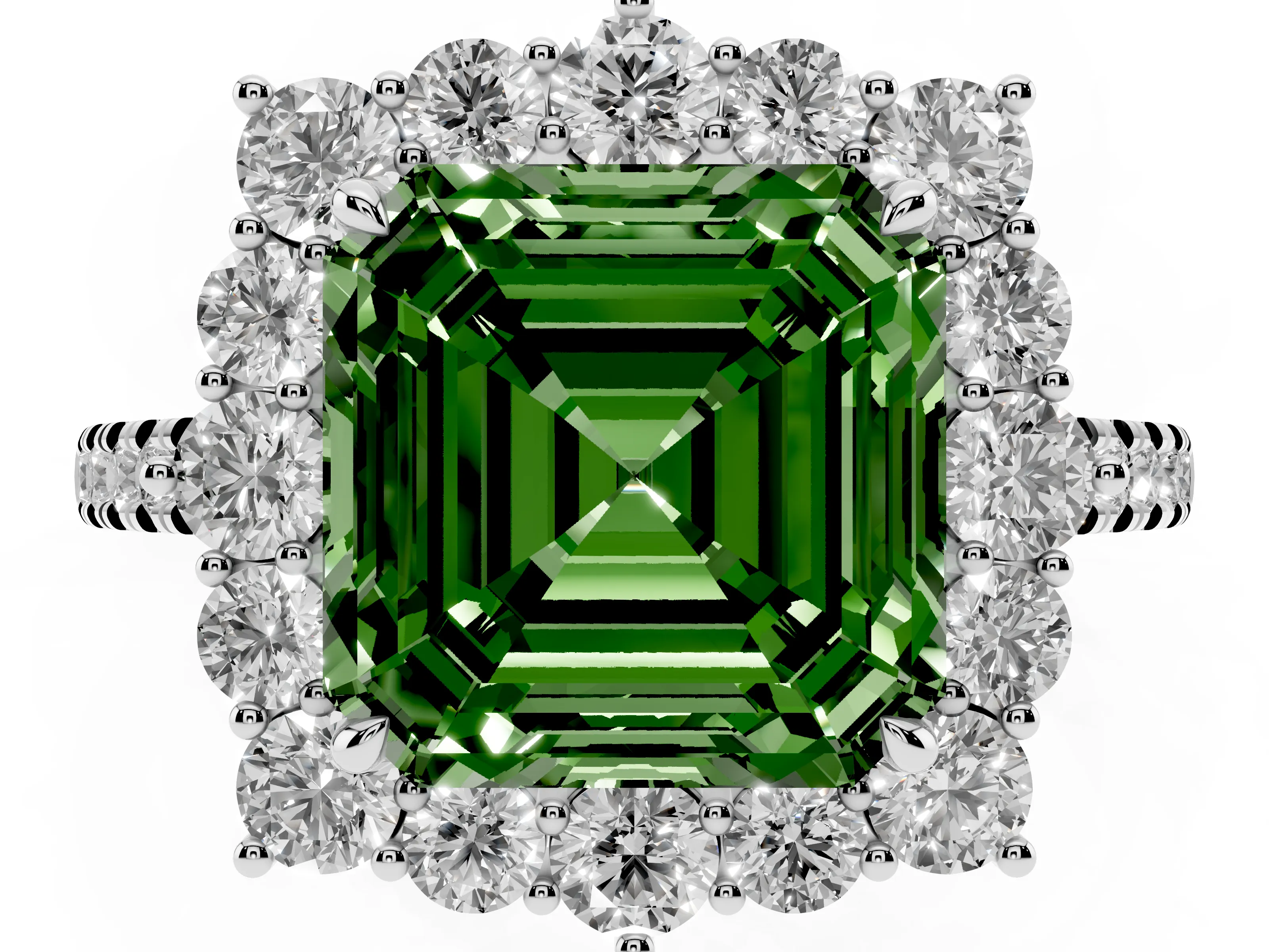 Fancy Green Asscher Cut Diamond Halo Ring Set in Silver with Pavé Band and Prong Setting