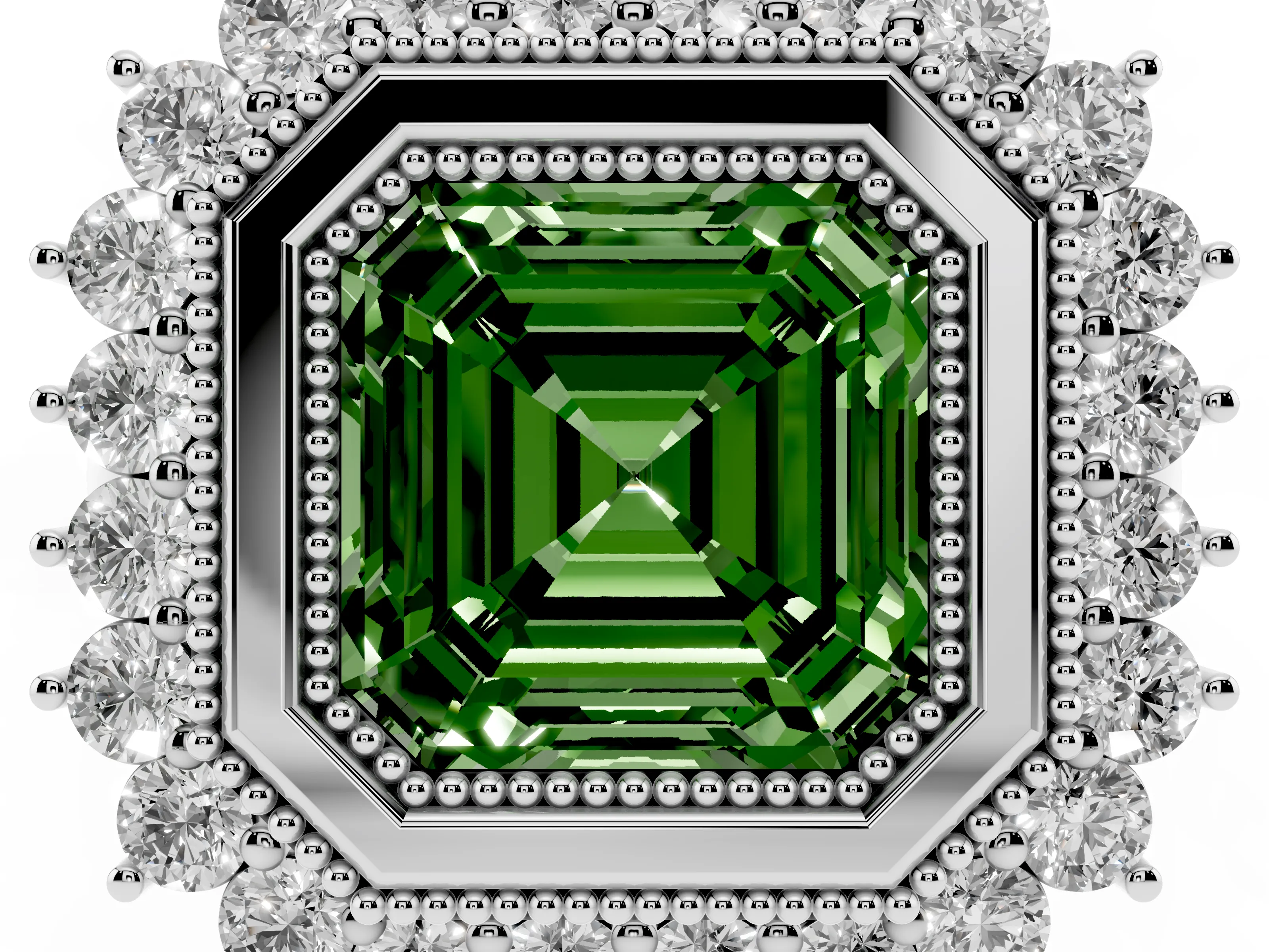 Fancy Green Asscher Cut Diamond Halo Ring Set in Silver with Milgrain Edge and Round Prong Setting