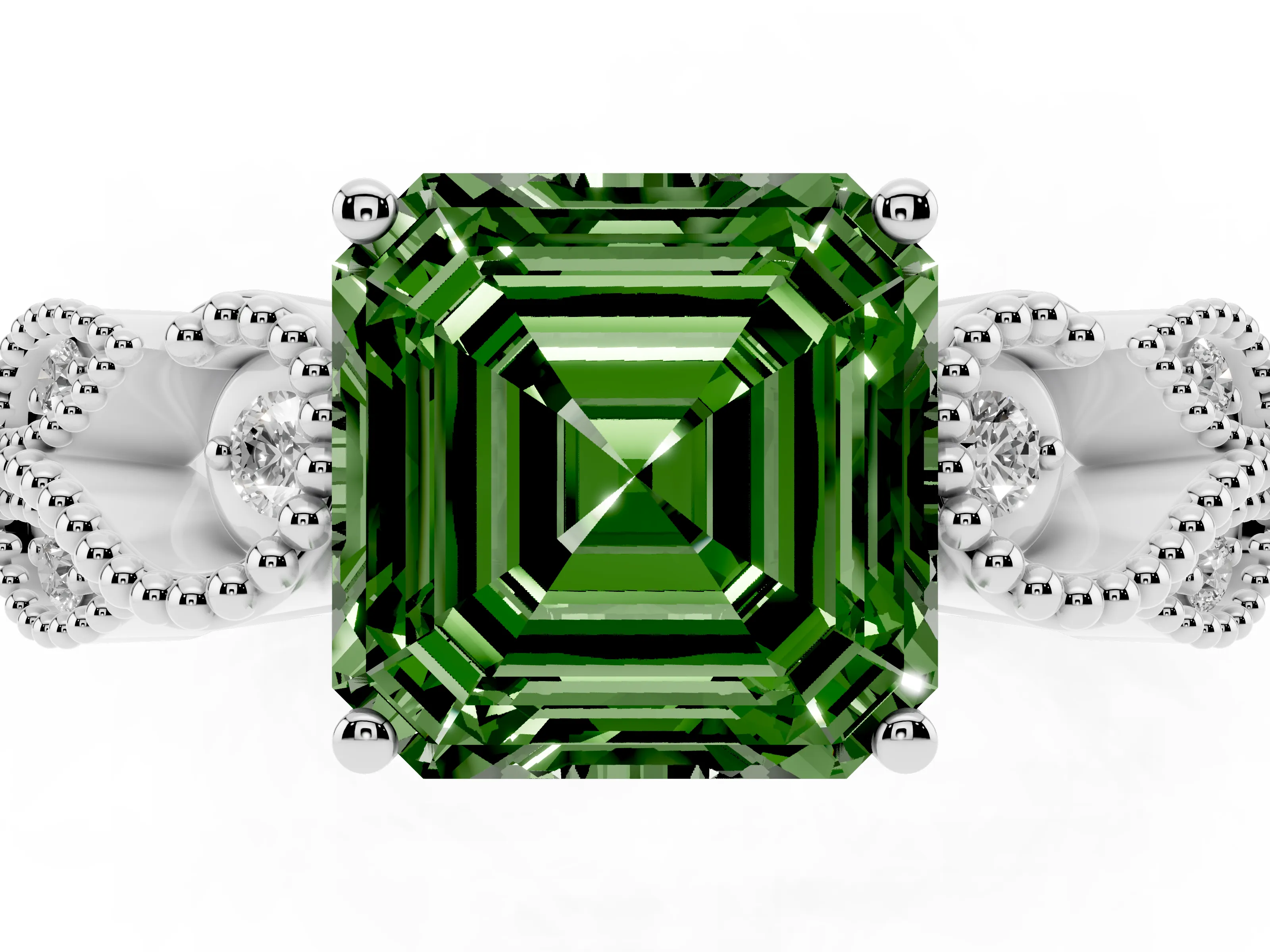 Fancy Green Asscher Cut Diamond Milgrain Leaf Band Solitaire Ring Set in White gold with Accent Stones and Prong Setting