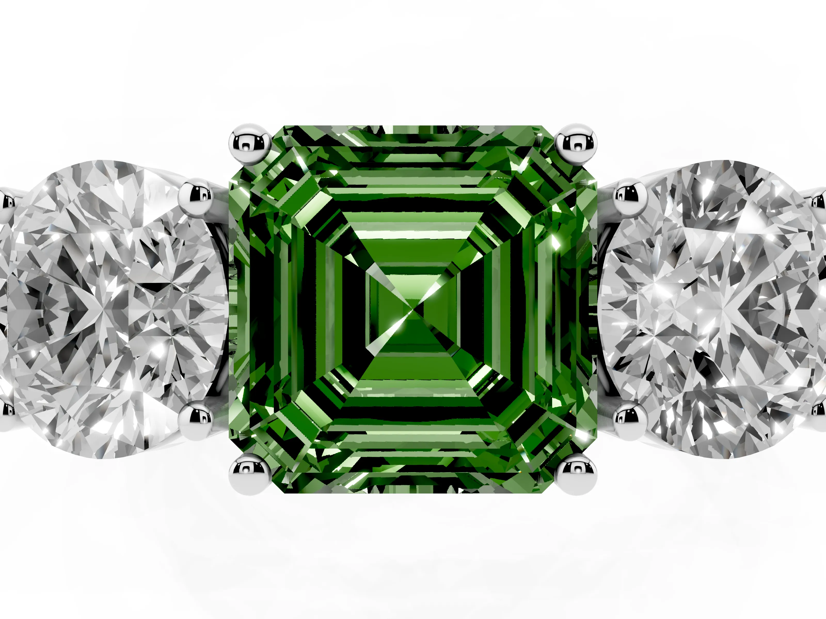 Fancy Green Asscher Cut Diamond Three-Stone Ring Set in Platinum with Channel-Set Accent Band