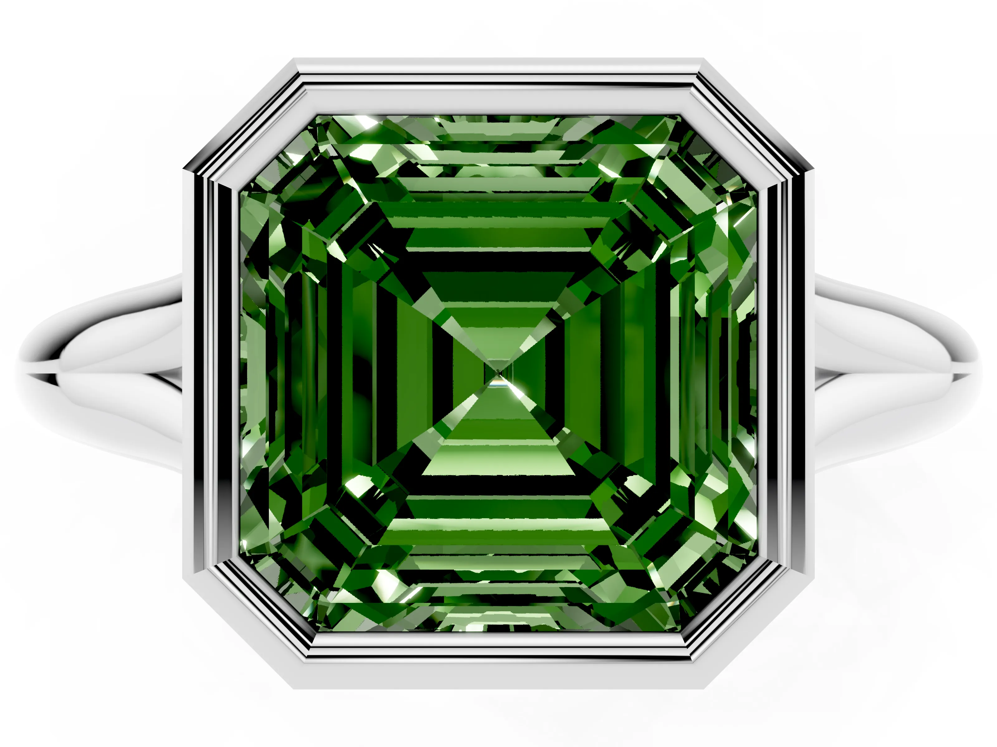 Fancy Green Bezel Set Asscher Cut Diamond Solitaire Ring Set in White gold with Smooth Band