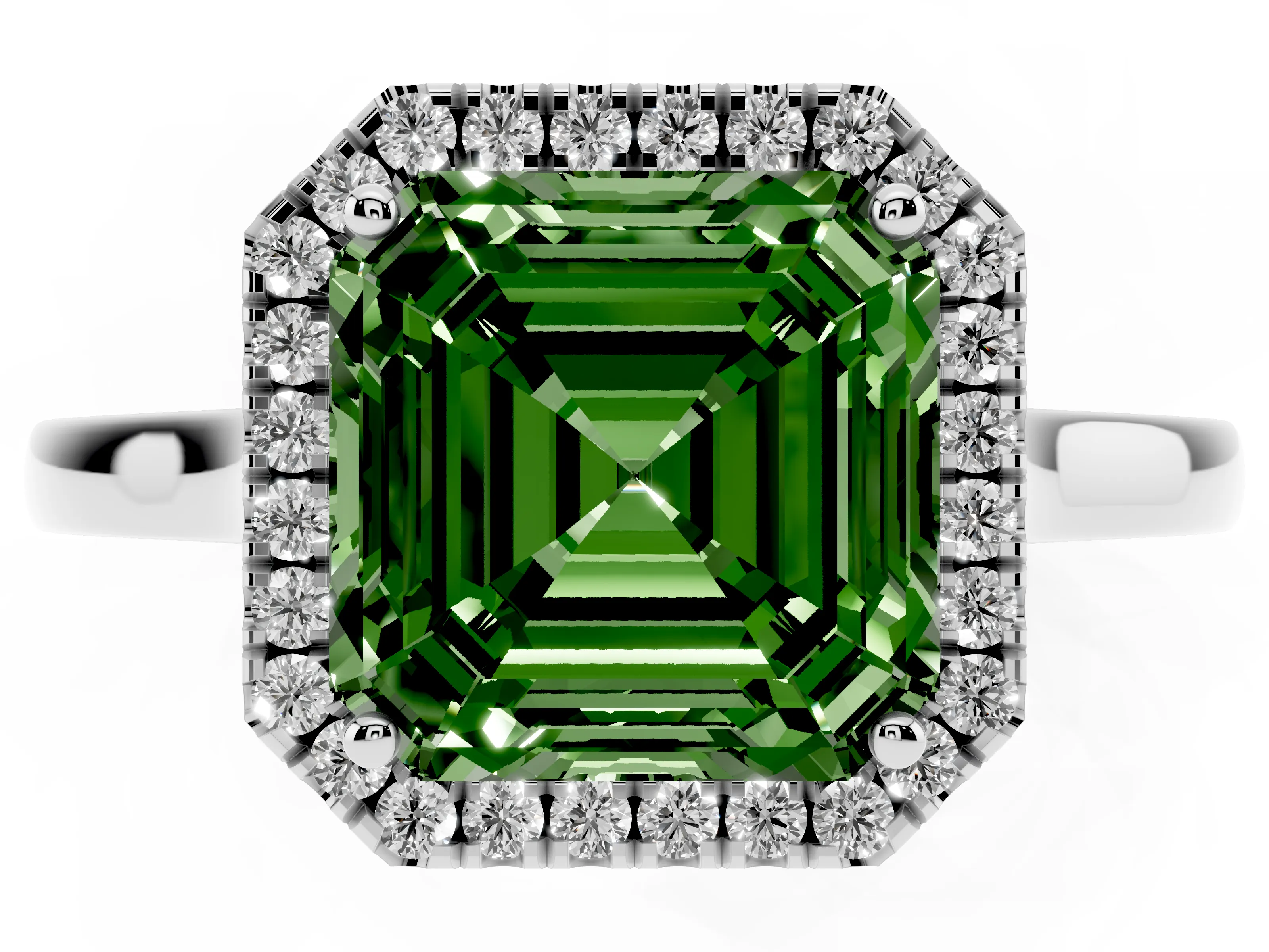Fancy Green Asscher Cut Halo Round Diamond Solitaire Ring Set in White gold with Pavé Band and Prong Setting