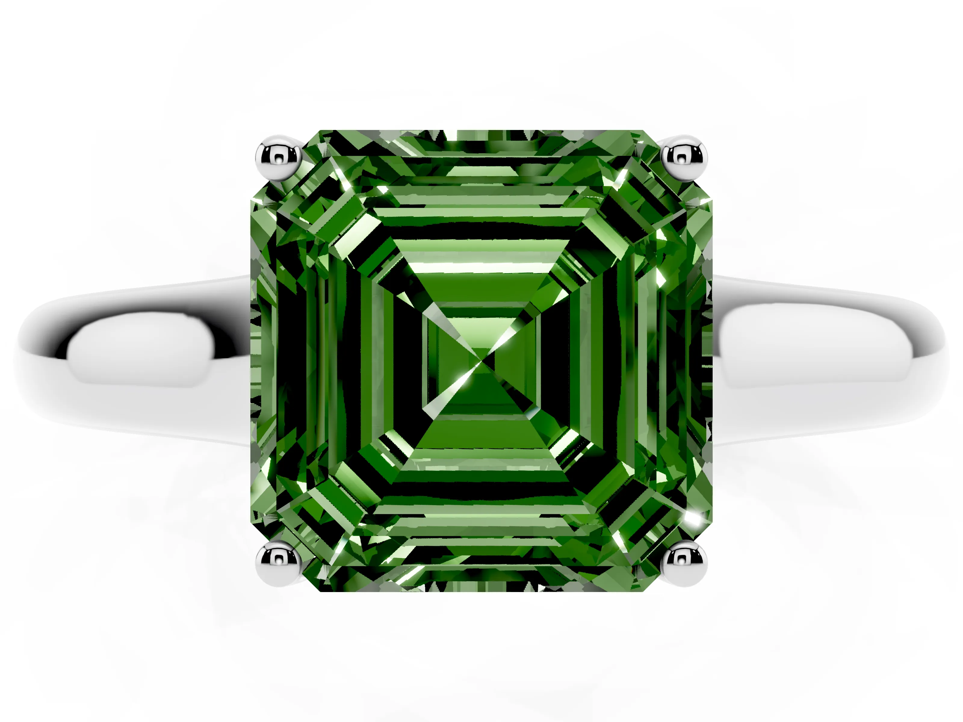 Fancy Green Asscher Cut Diamond Solitaire Engagement Ring Set in Platinum with Subtly Tapered Band and Prong Setting