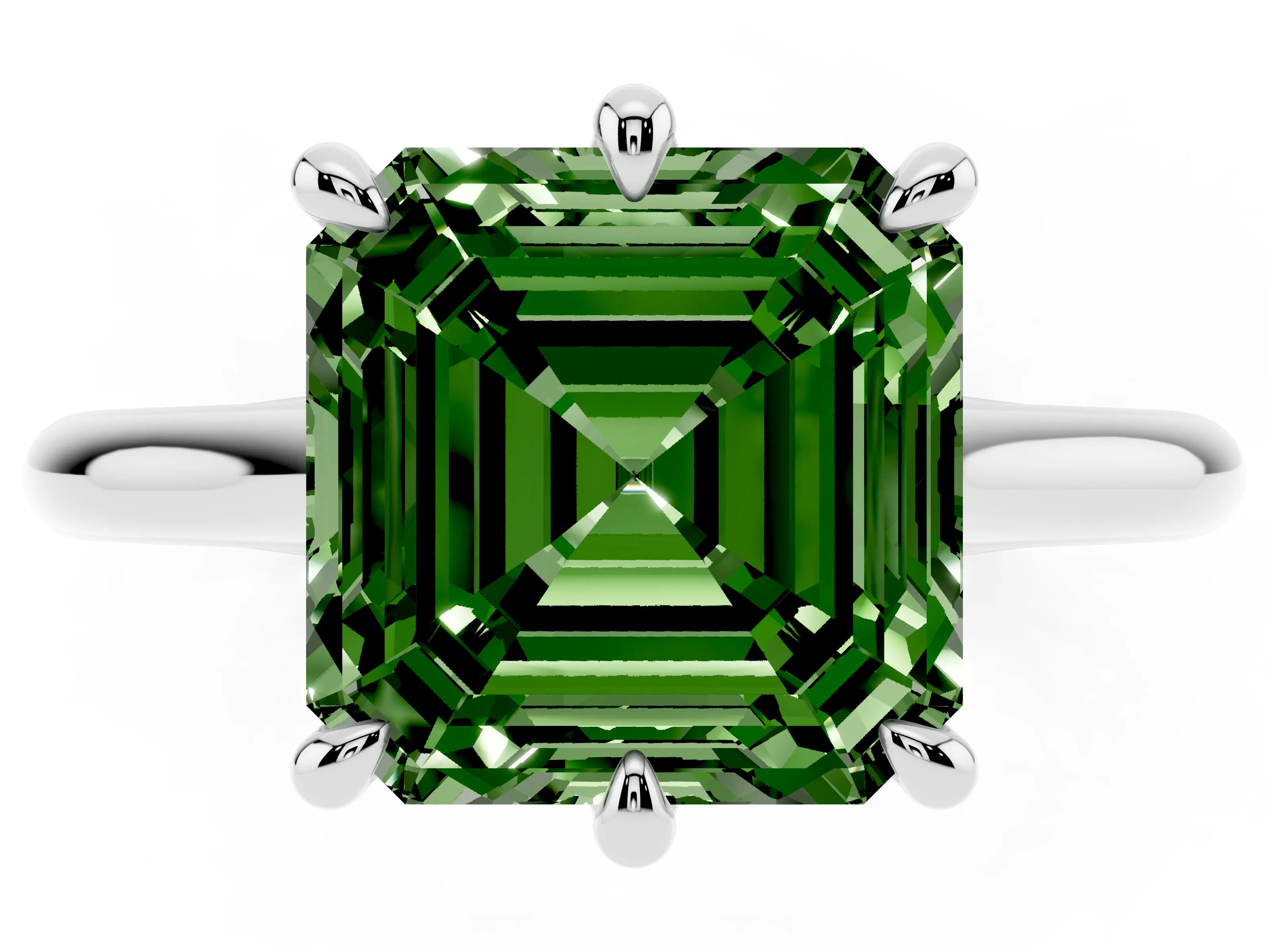 Fancy Green Asscher Cut Diamond Solitaire Engagement Ring Set in Platinum with Prong Setting and Plain Classic Band