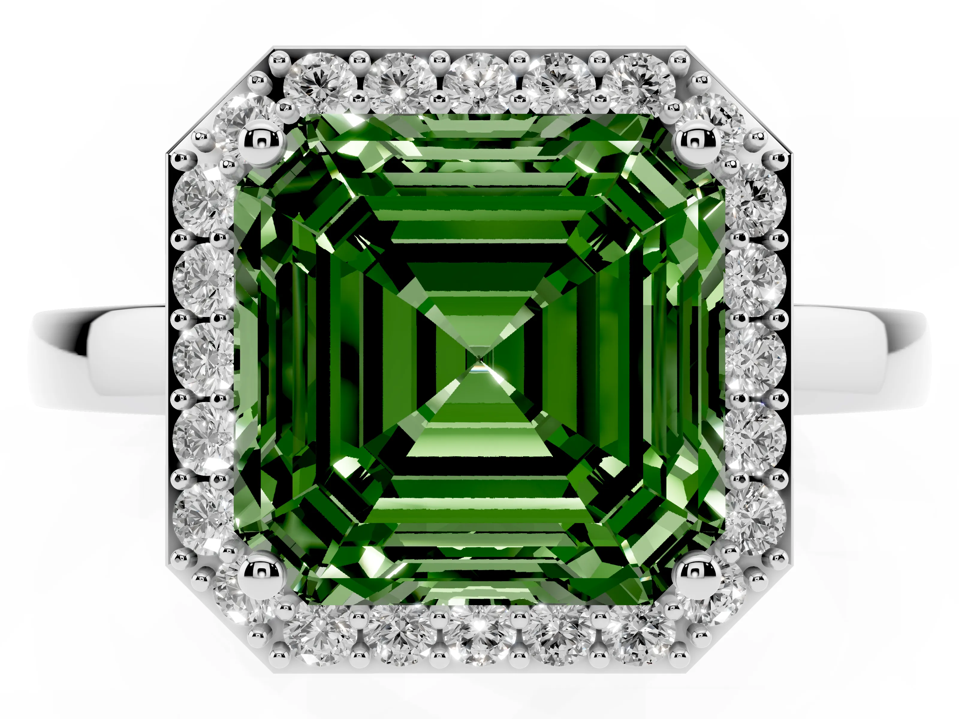 Fancy Green Asscher Cut Diamond Halo Ring Set in Platinum with Solitaire Band and Prong Setting
