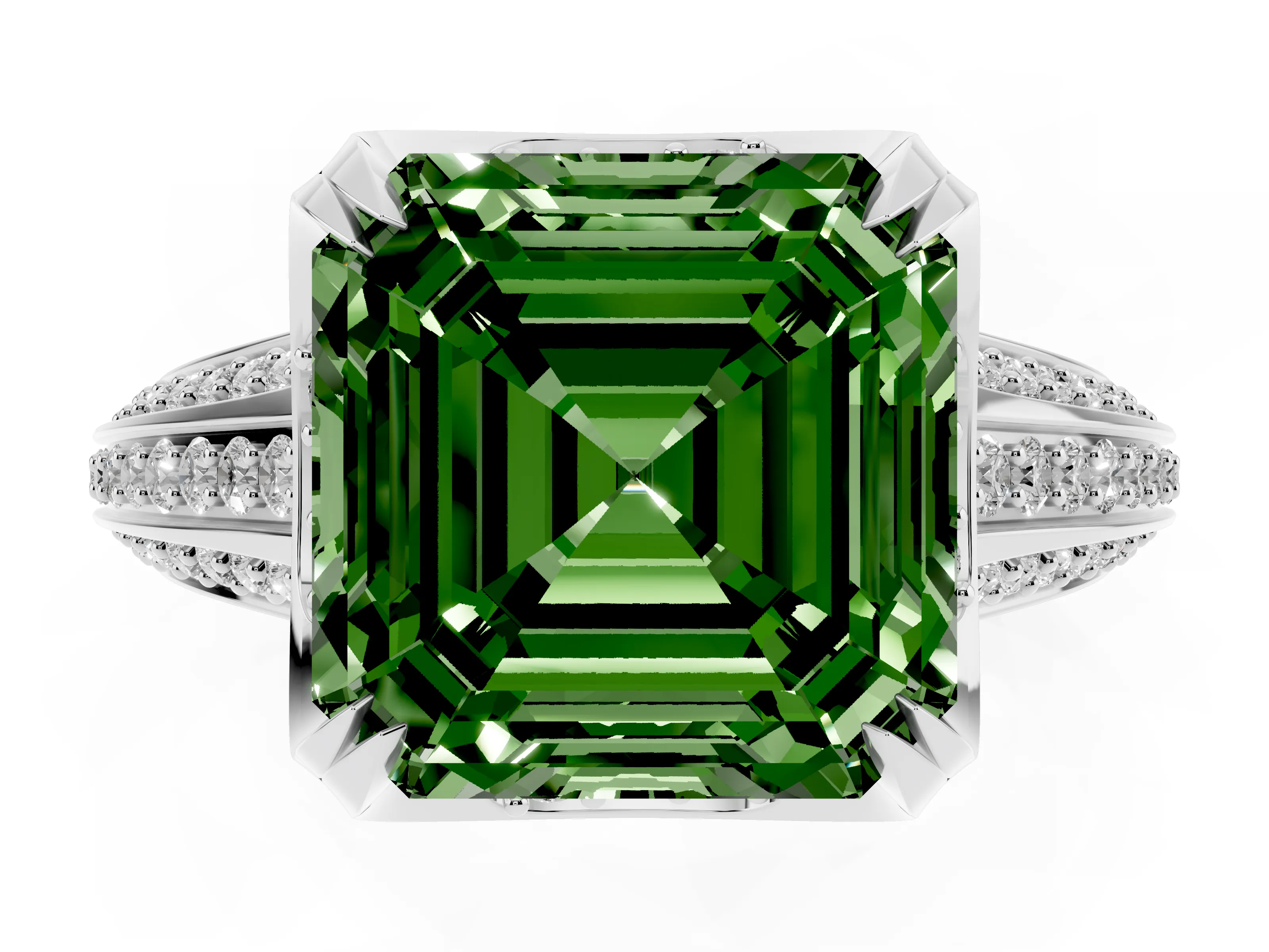 Fancy Green Asscher Cut Diamond Pavé Split Shank Solitaire Ring Set in Platinum with Prong Setting