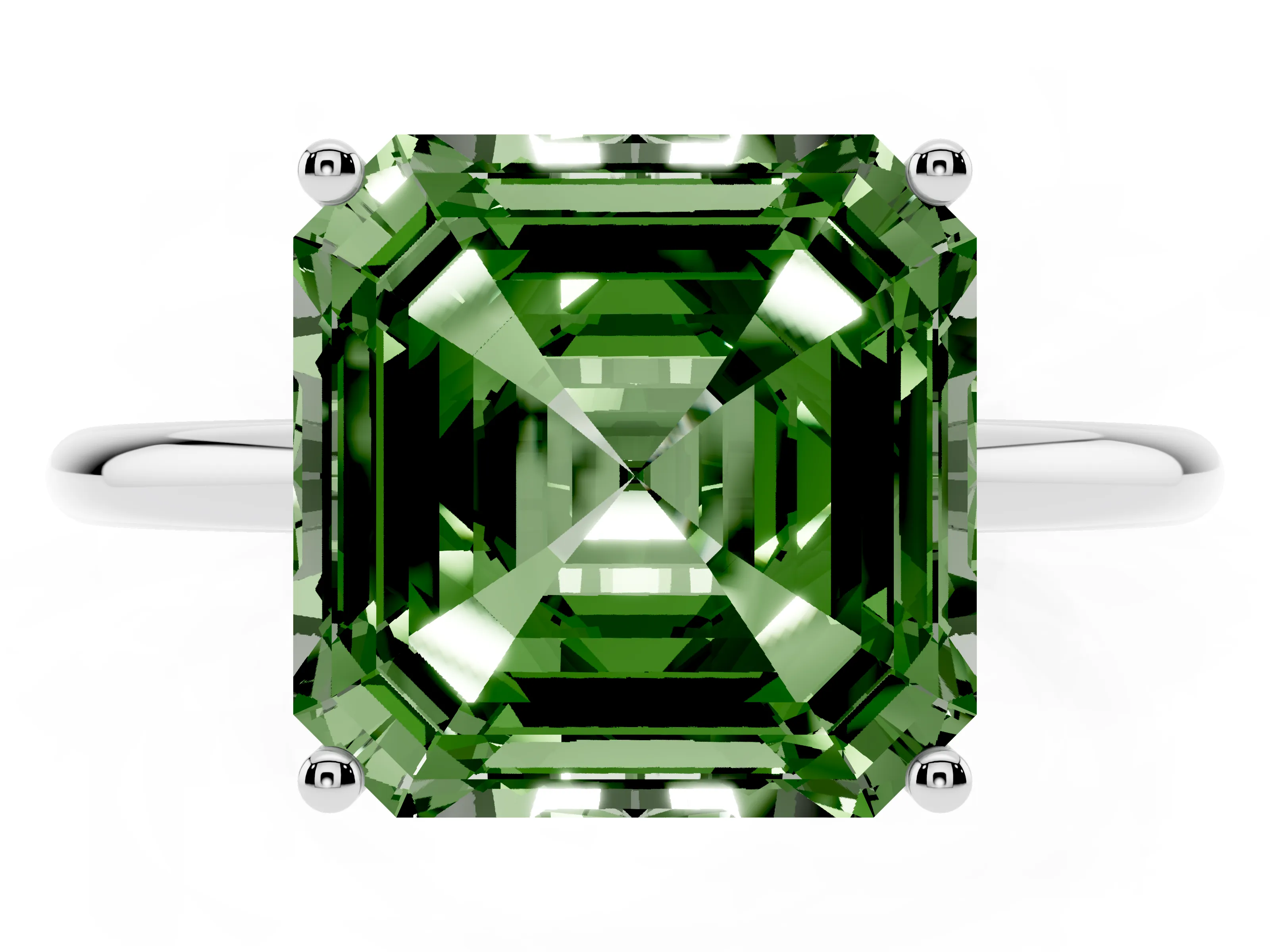 Fancy Green Asscher Cut Diamond Solitaire Engagement Ring Set in Silver with Thin Band and Prong Setting