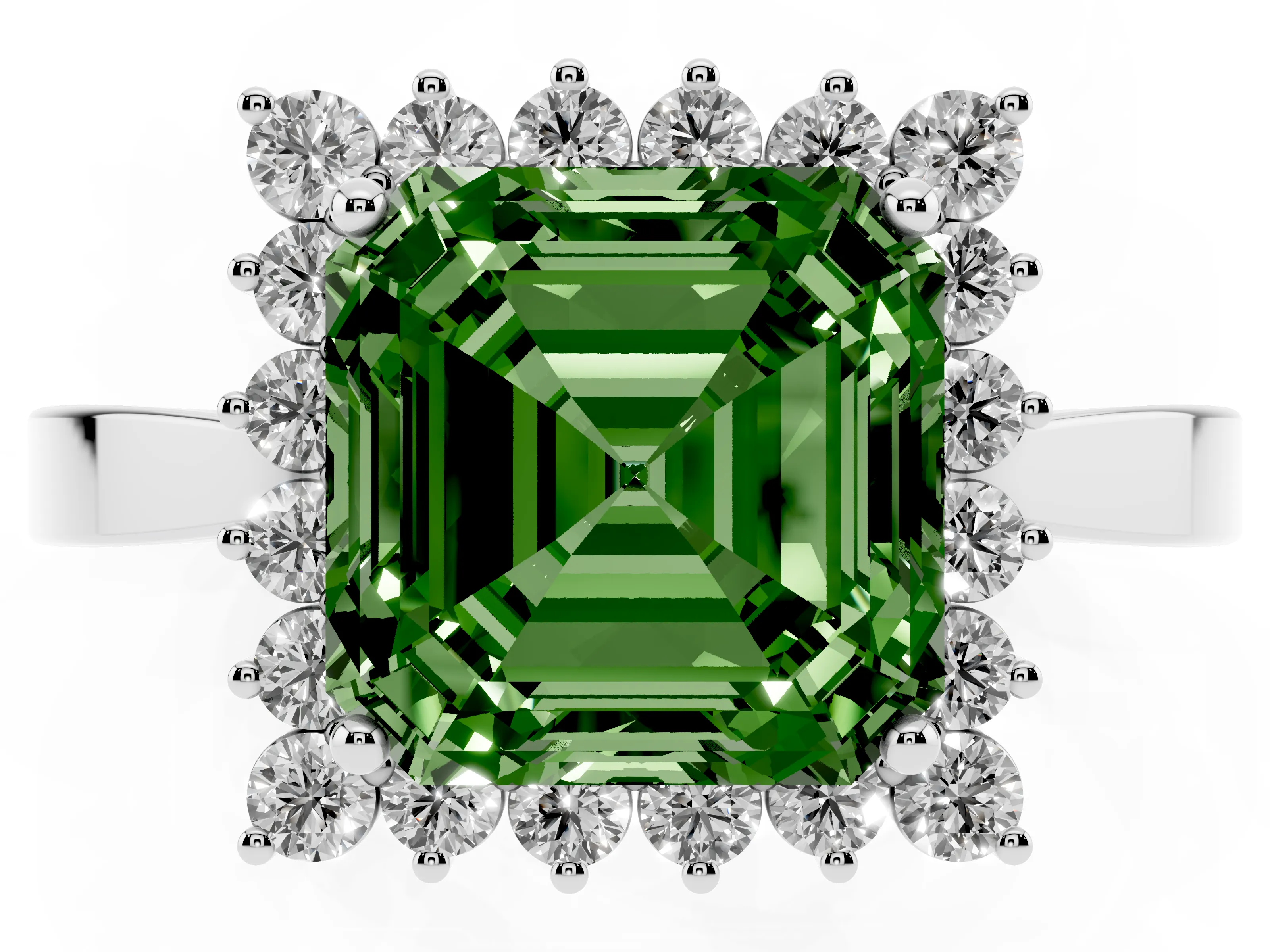 Fancy Green Asscher Cut Diamond Halo Ring Set in White gold with Round Halo and Smooth Solitaire Band