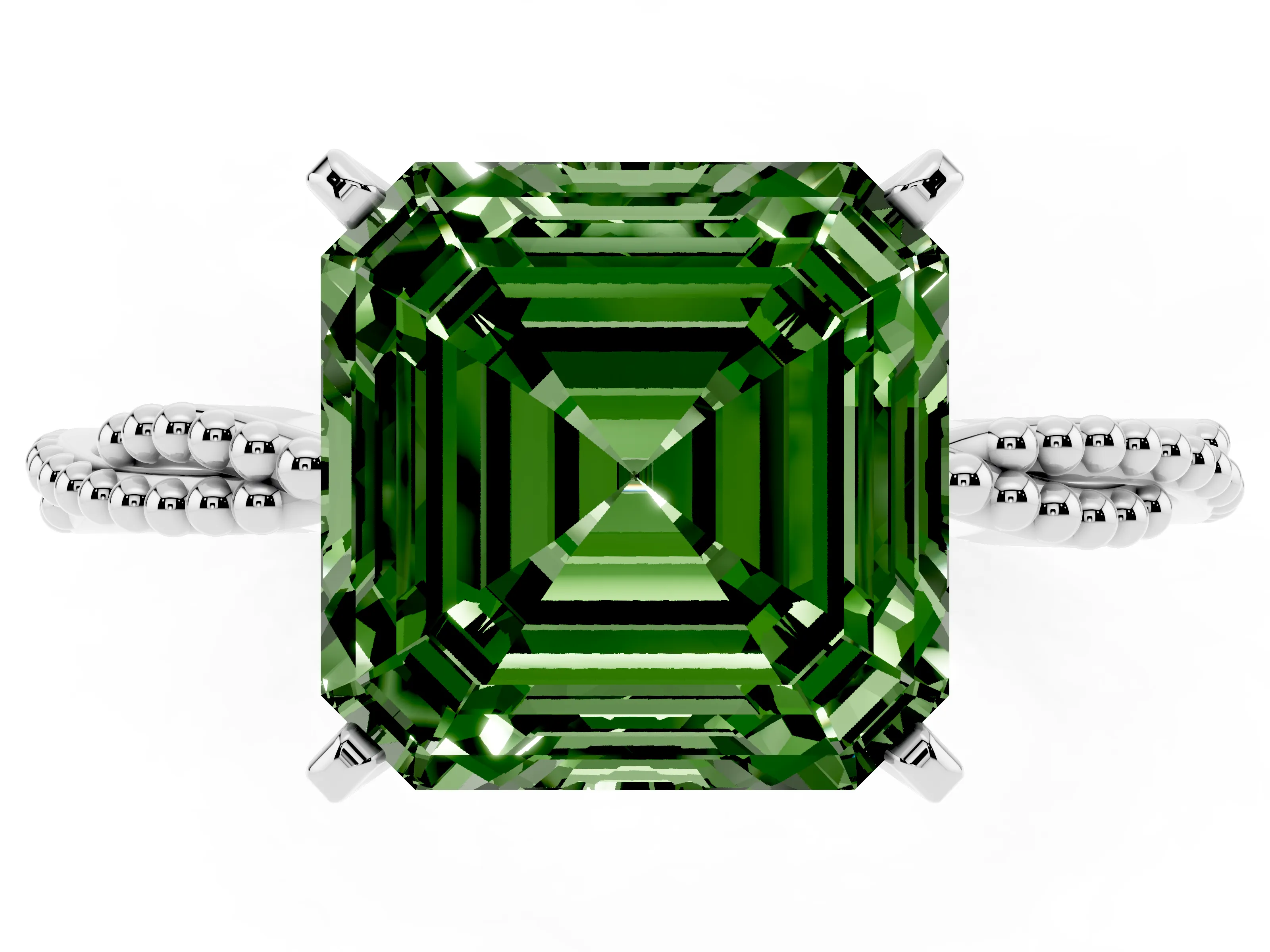 Fancy Green Asscher Cut Diamond Solitaire Ring Set in Platinum with Twisted Band and Bead Prong Setting