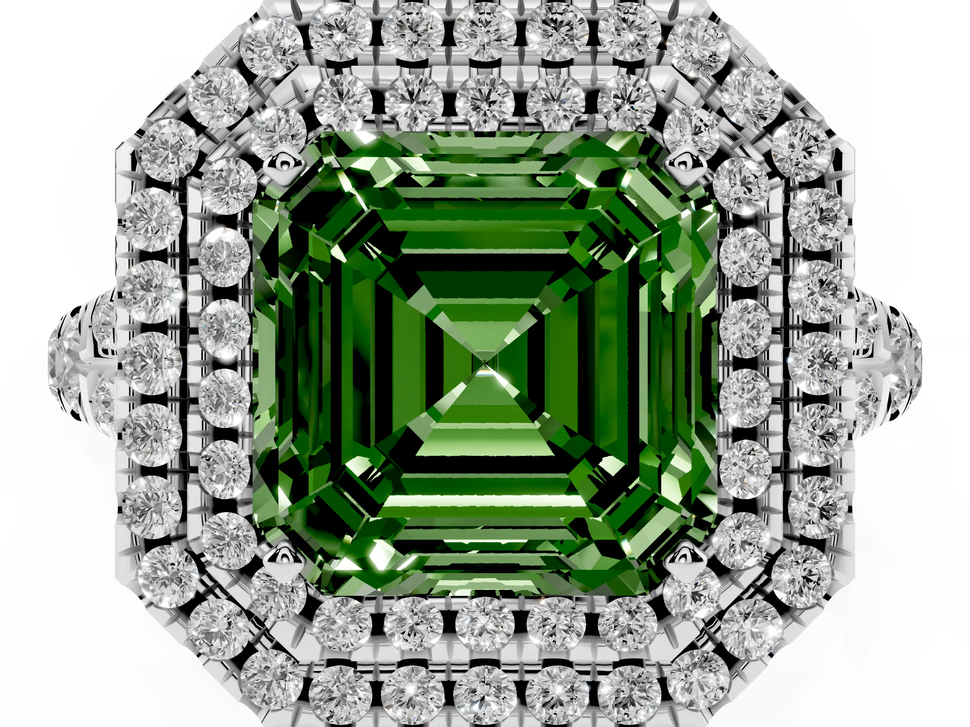 Fancy Green Asscher Cut Diamond Pavé Split Shank Double Halo Engagement Ring Set in White gold