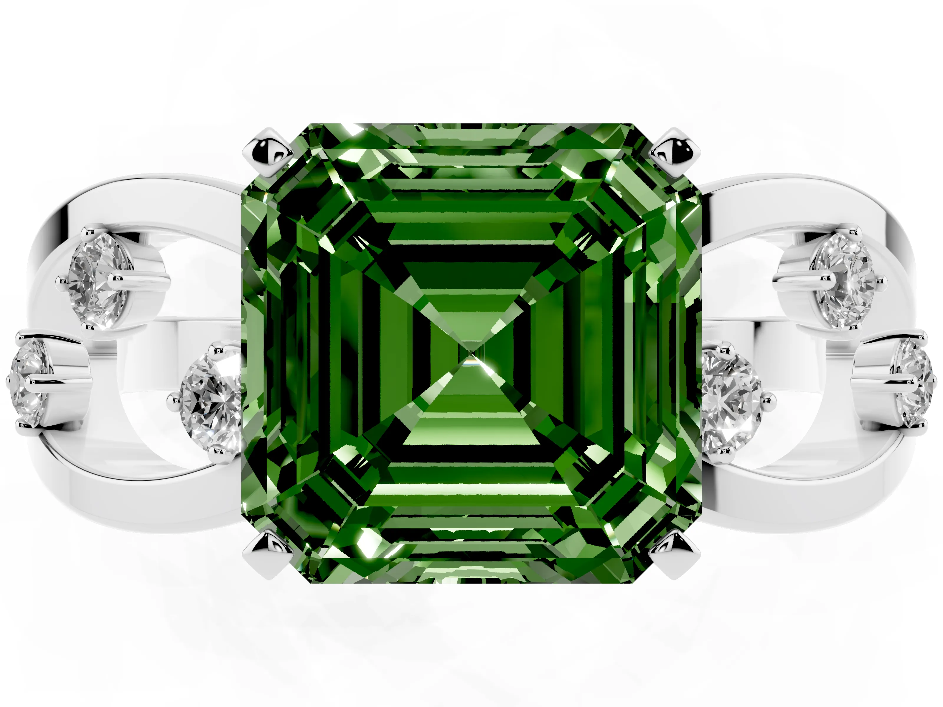 Fancy Green Asscher Cut Diamond Solitaire Ring Set in Silver with Side Stones on Criss-Cross Band and Prong Setting