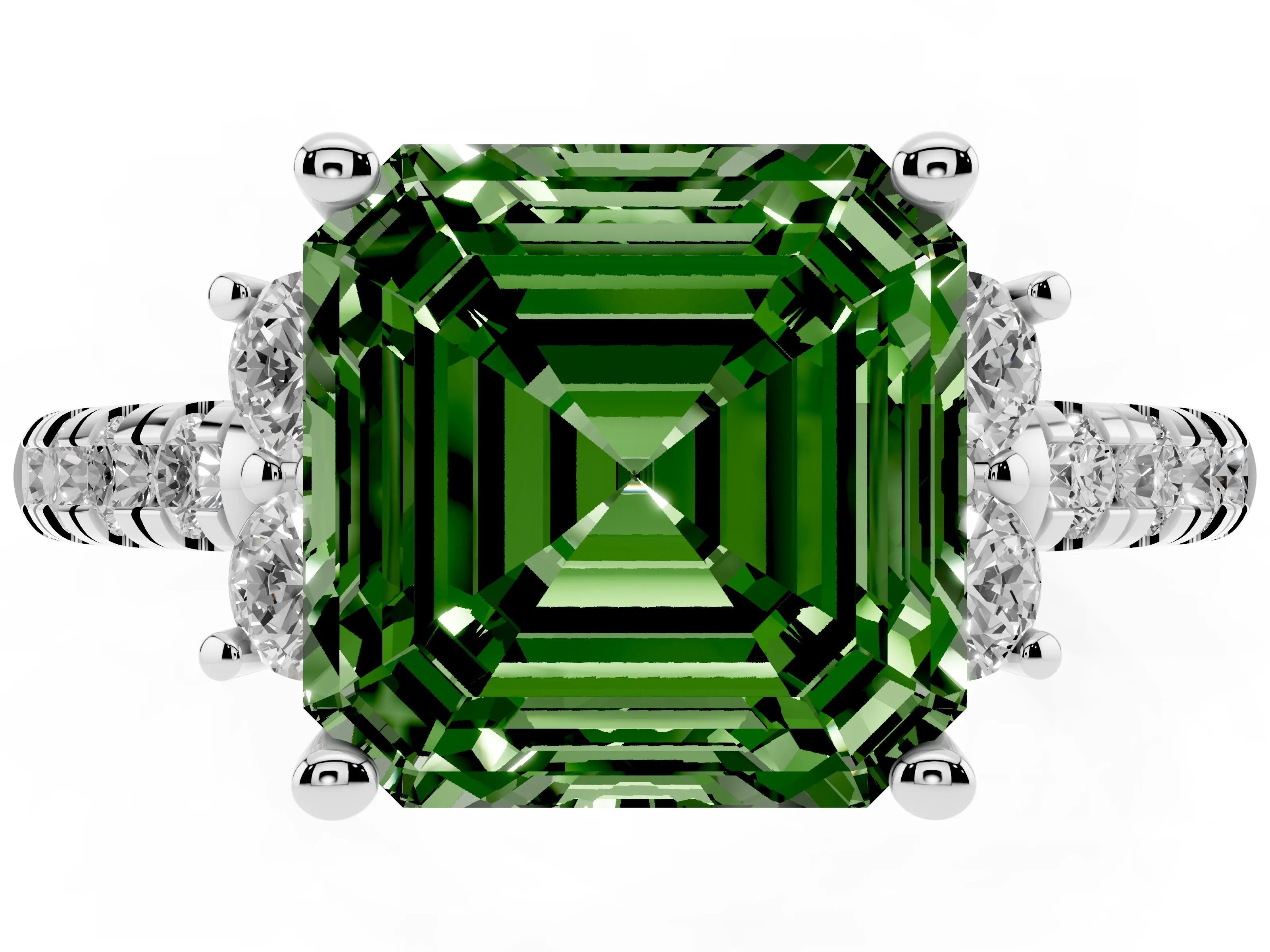 Fancy Green Asscher Cut Diamond Three-Stone Pavé Ring Set in Platinum with Prong Setting
