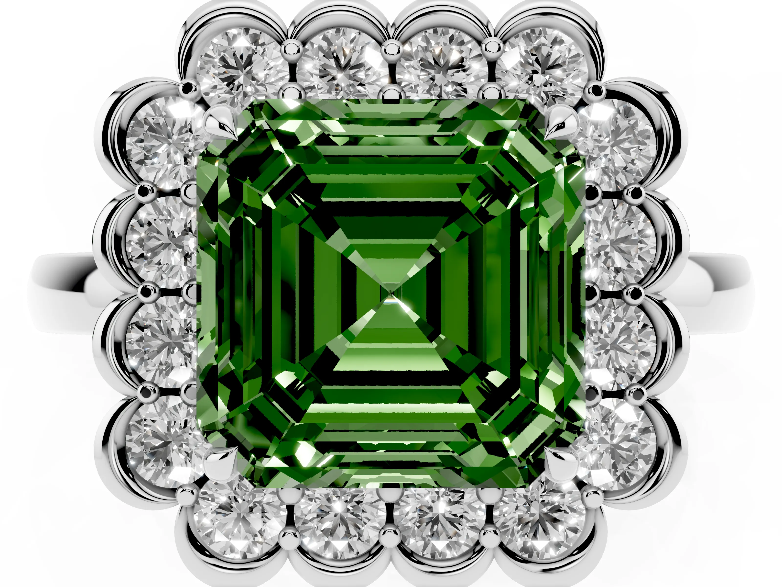 Fancy Green Asscher Cut Diamond Halo Cluster Engagement Ring Set in Platinum with Solitaire Band and Prong Setting