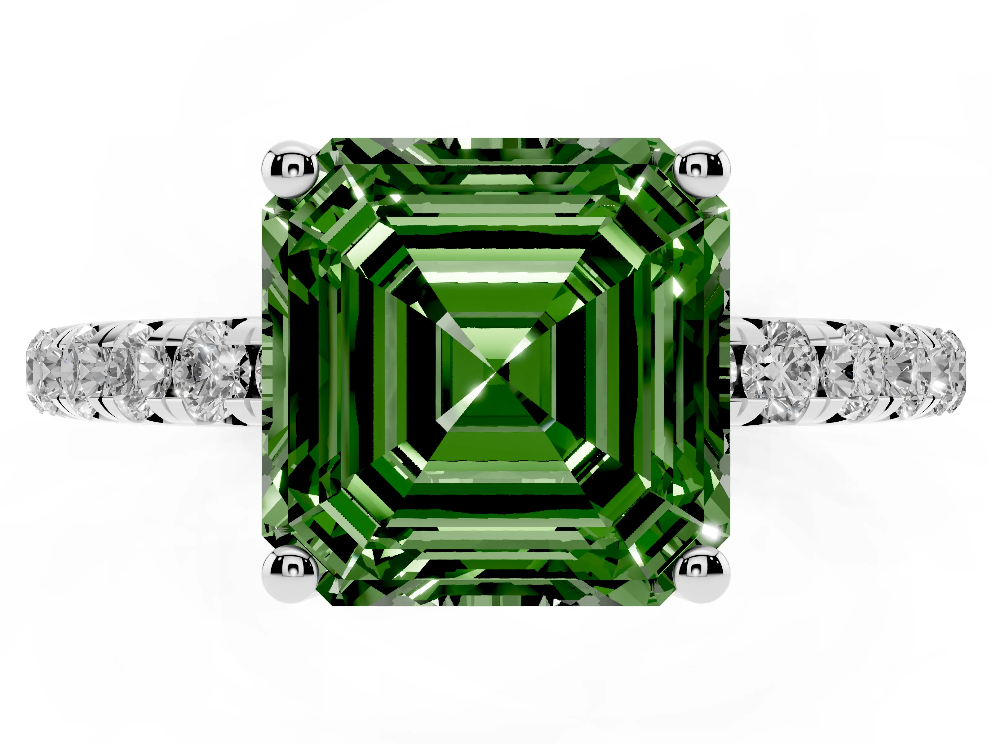 Fancy Green Asscher Cut Diamond Solitaire Ring Set in Platinum with Micro Pavé Band and Prong Setting