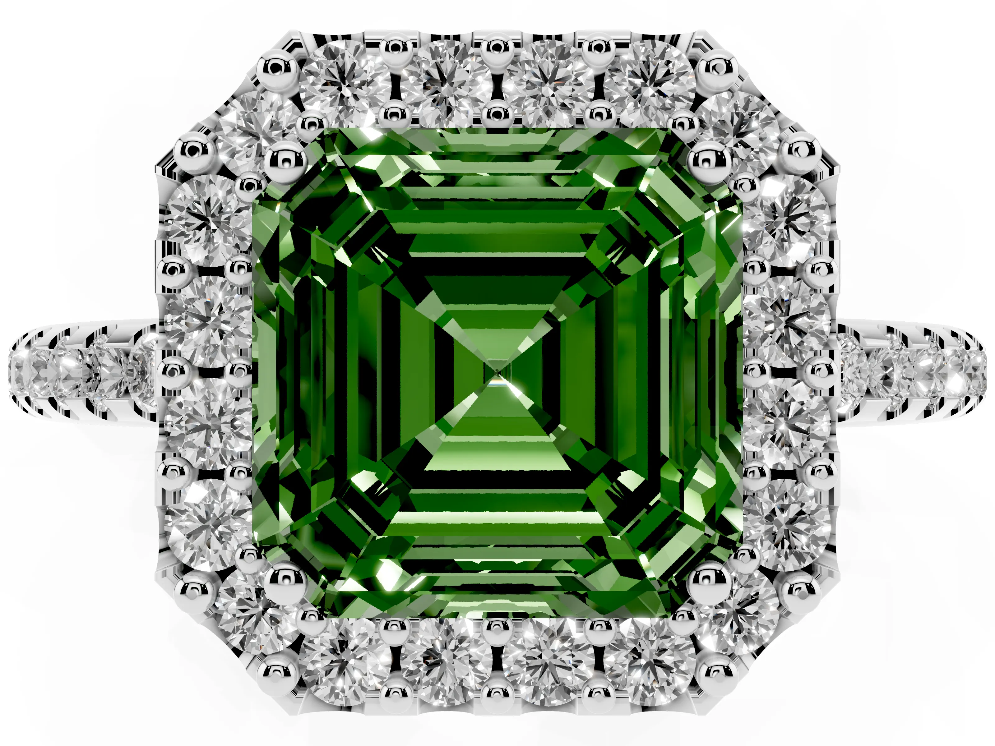 Fancy Green Asscher Cut Diamond Pavé Halo Ring Set in Silver with Prong Setting