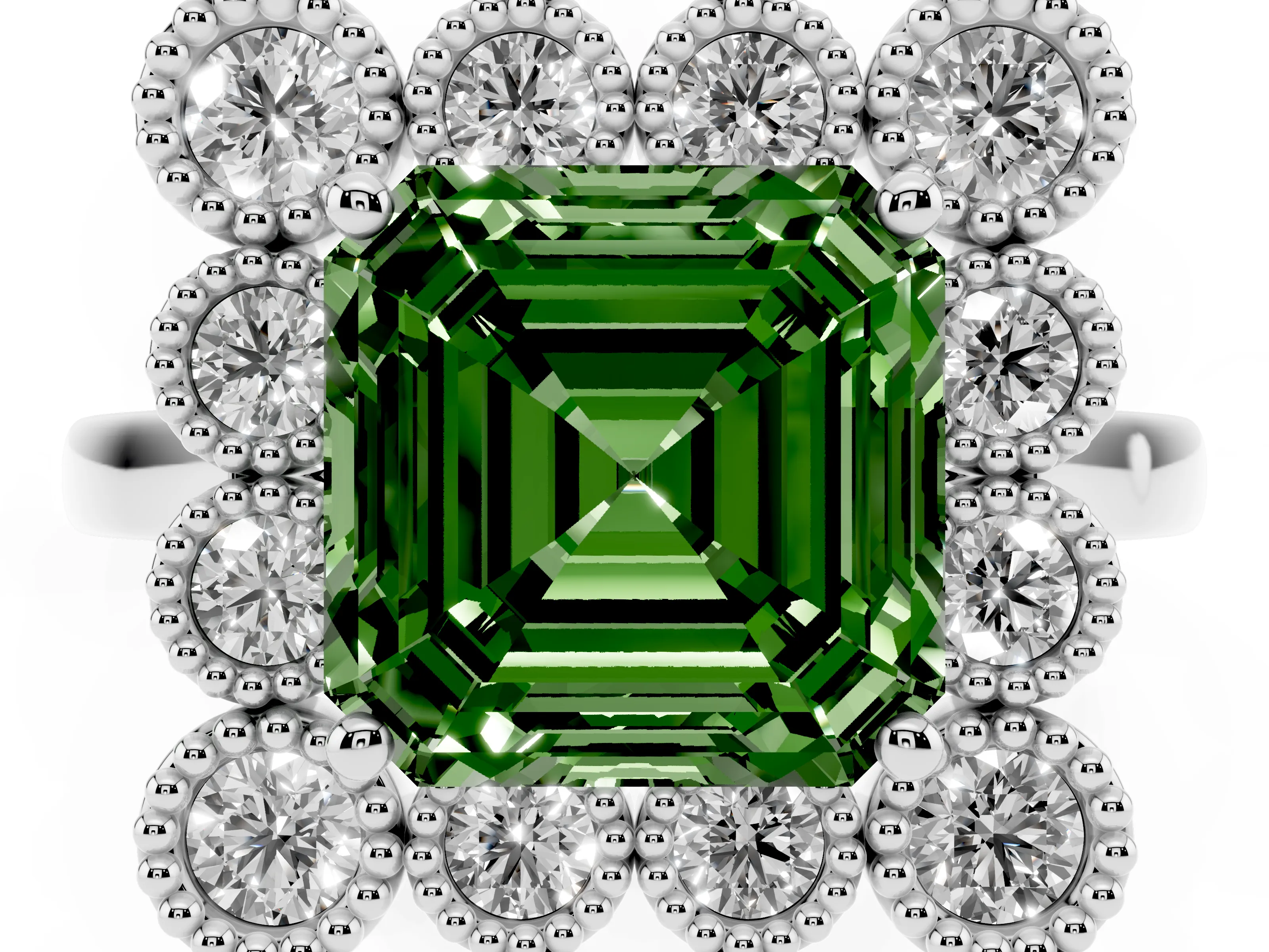 Fancy Green Asscher Cut Diamond Cluster Halo Ring Set in White gold with Milgrain Bezel Accents and Plain Band