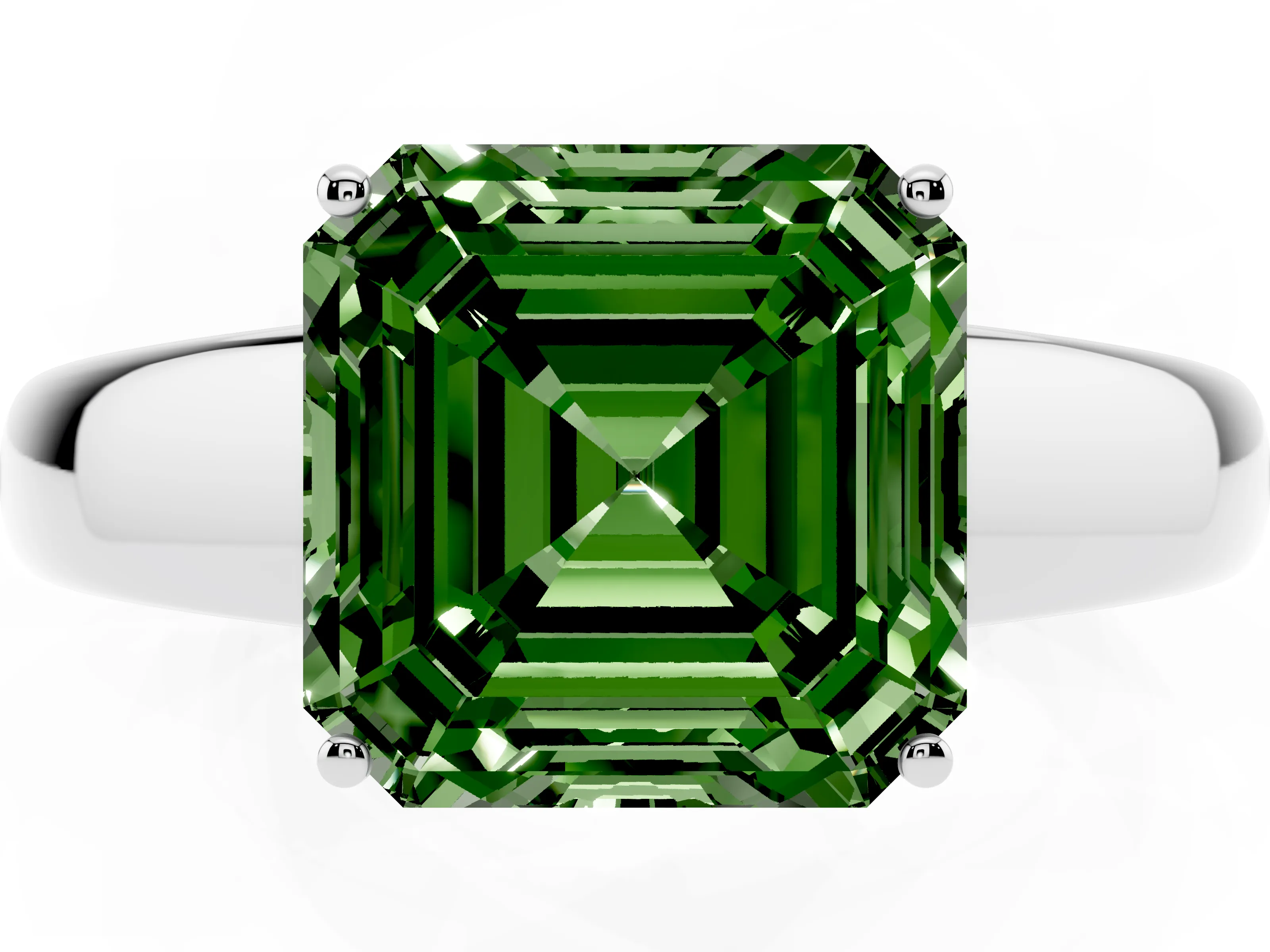Fancy Green Asscher Cut Diamond Solitaire Ring Set in White gold with Tapered Band and Prong Setting