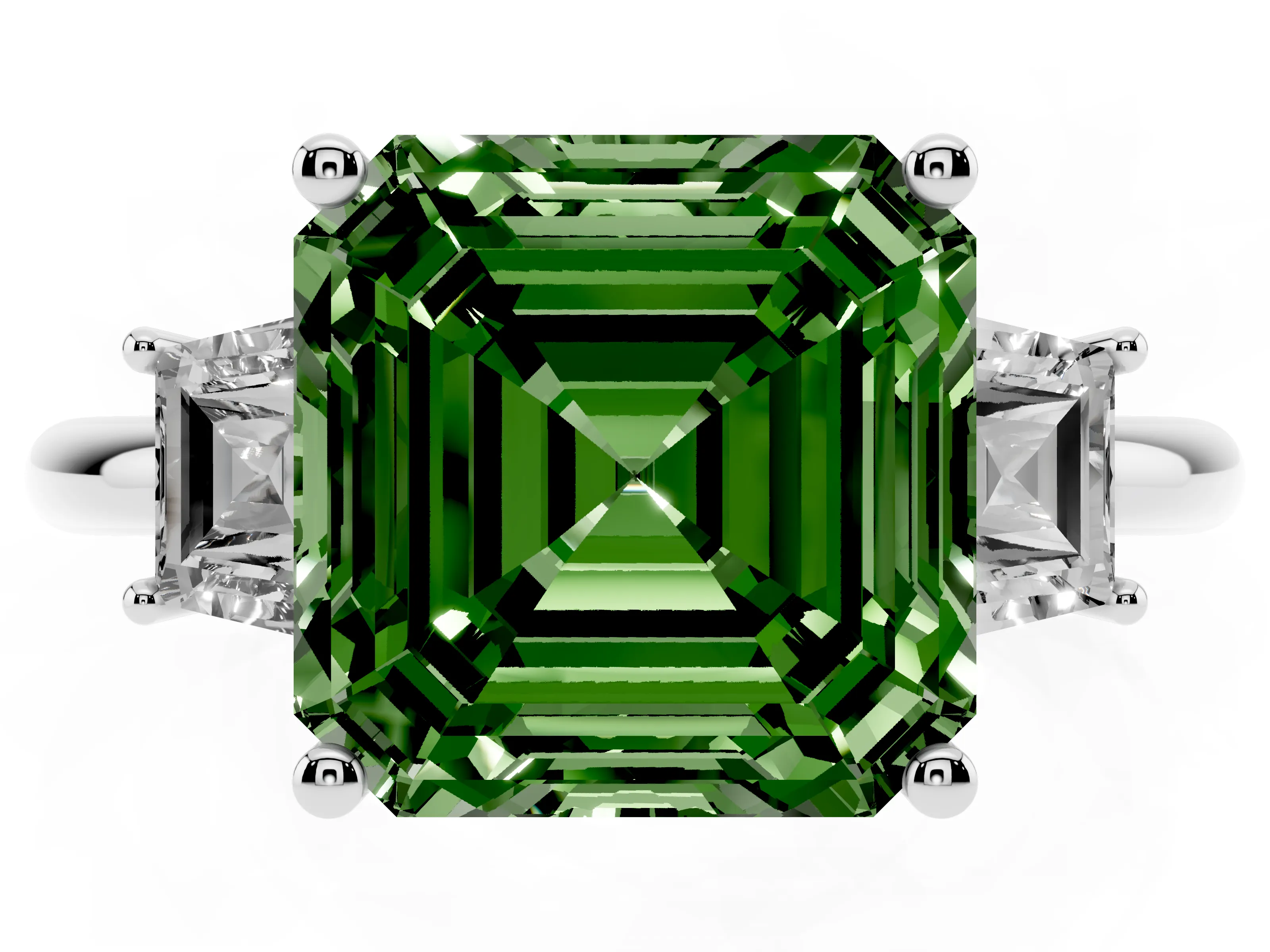Fancy Green Asscher Cut Diamond Three-Stone Ring Set in Silver with Trapezoid Side Stones and Prong Setting