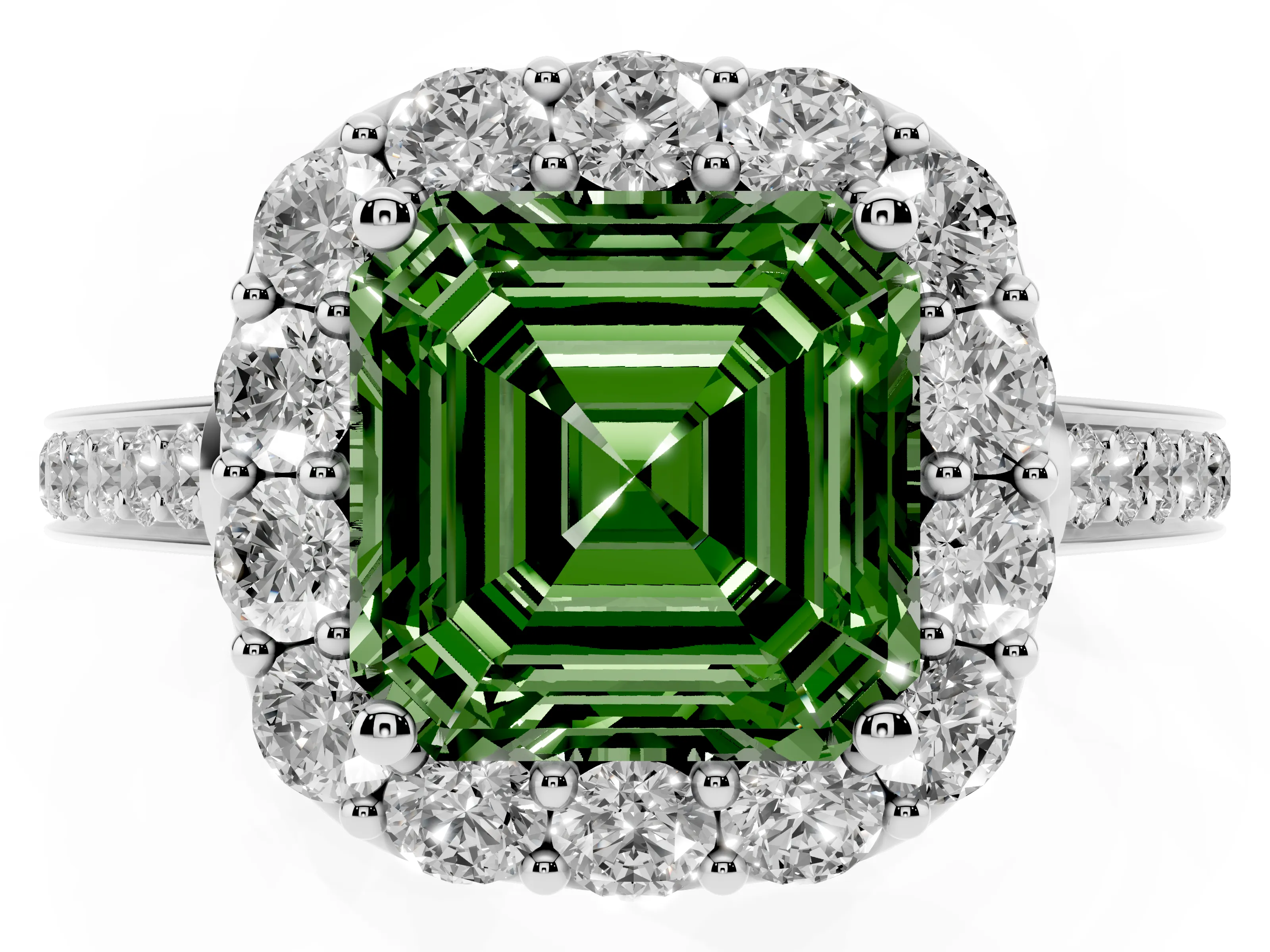 Fancy Green Asscher Cut Diamond Floral Halo Ring Set in Platinum with Pavé Band and Prong Setting