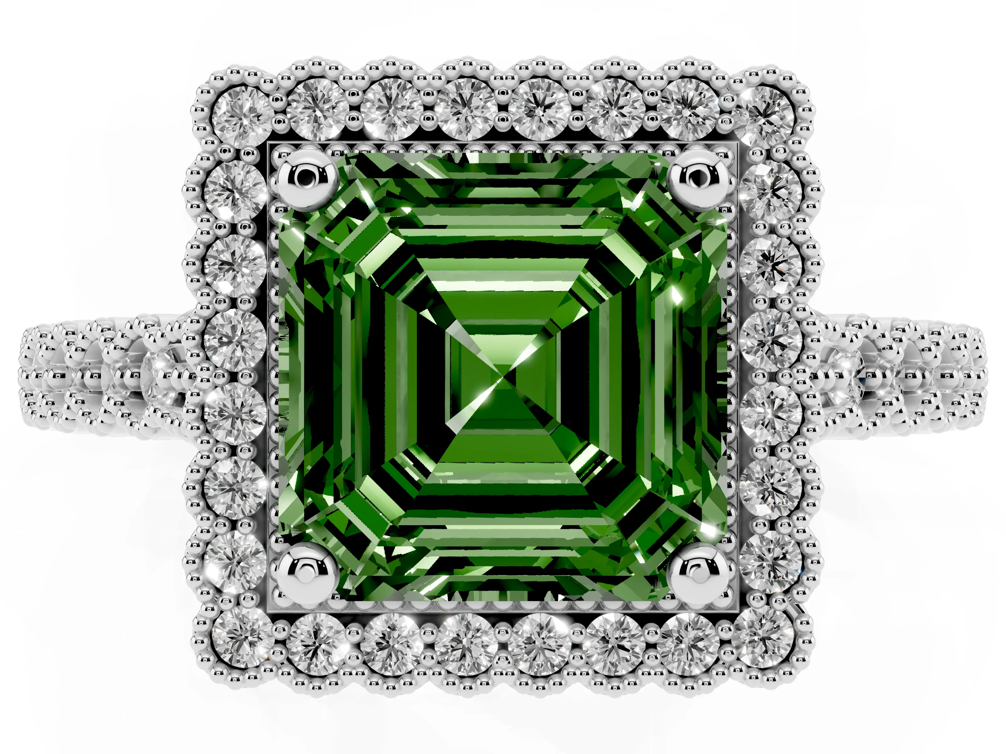Fancy Green Asscher Cut Diamond Halo Ring Set in Platinum with Pavé Milgrain Band