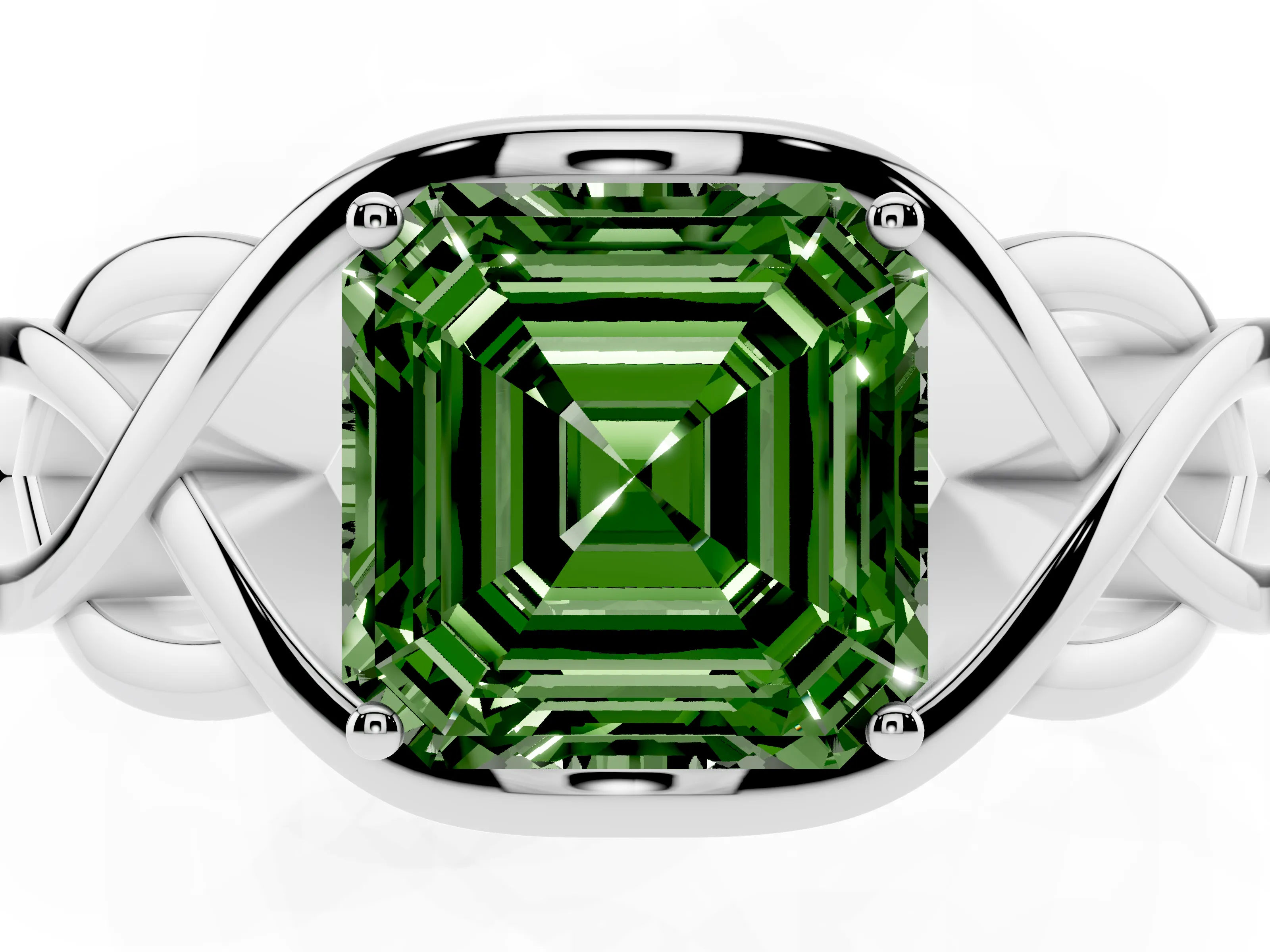 Fancy Green Asscher Cut Diamond Solitaire Ring Set in Silver with Intertwined Band
