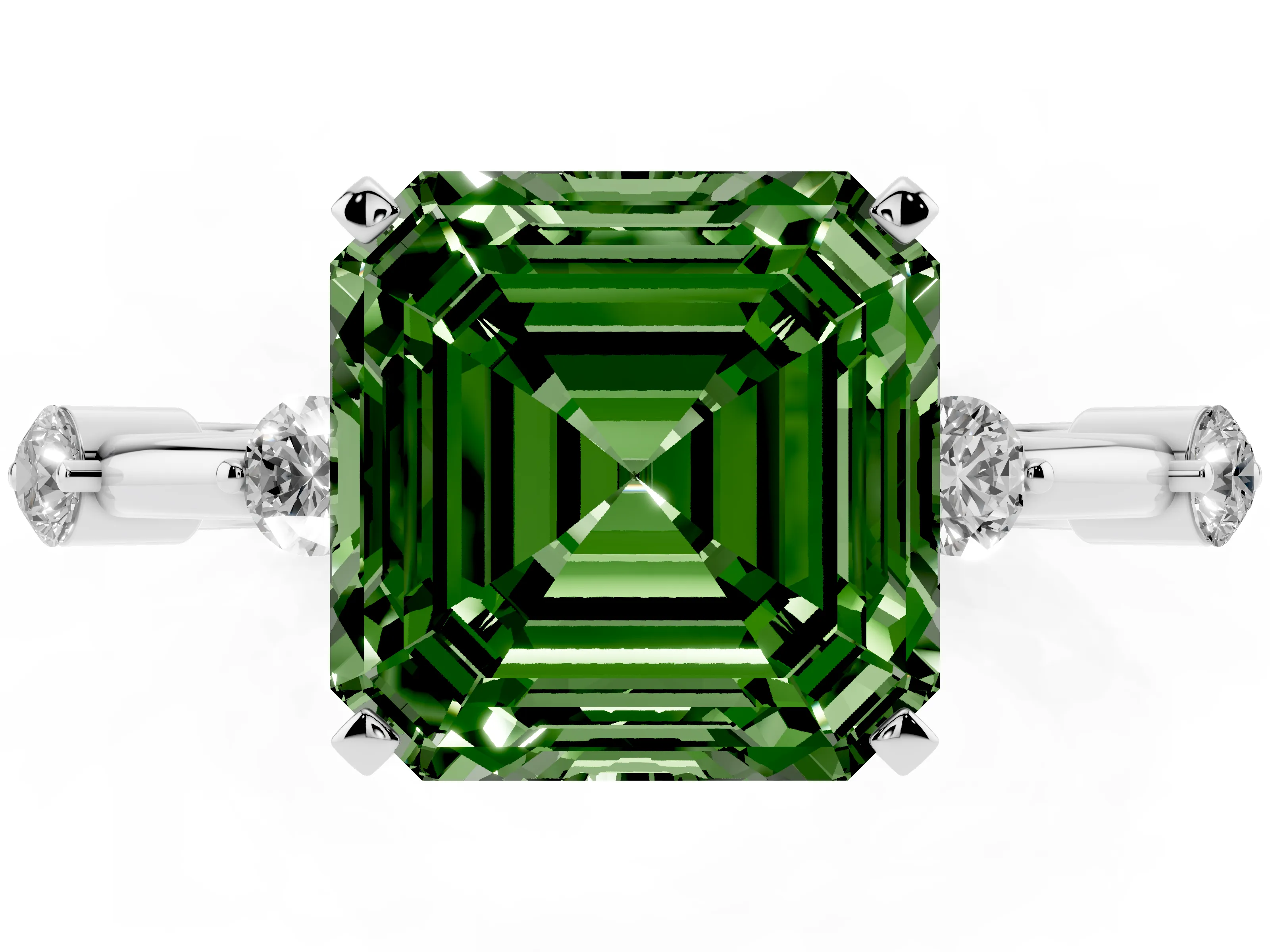 Fancy Green Asscher Cut Diamond Solitaire Ring Set in Platinum with Bezel Set Side Stones and Prong Setting
