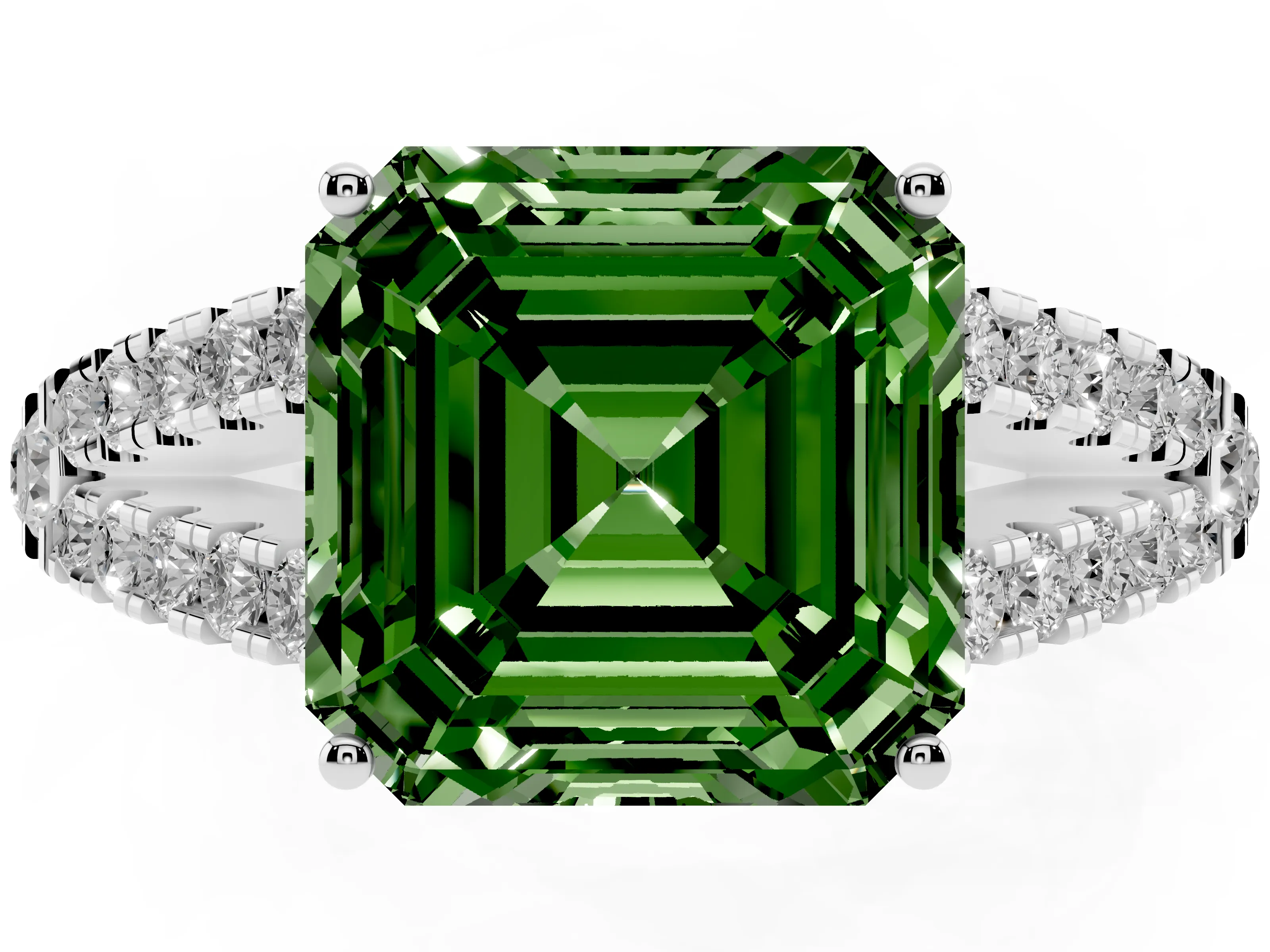Fancy Green Asscher Cut Diamond Split Shank Pavé Engagement Ring Set in Silver with Prong-Held Center Stone