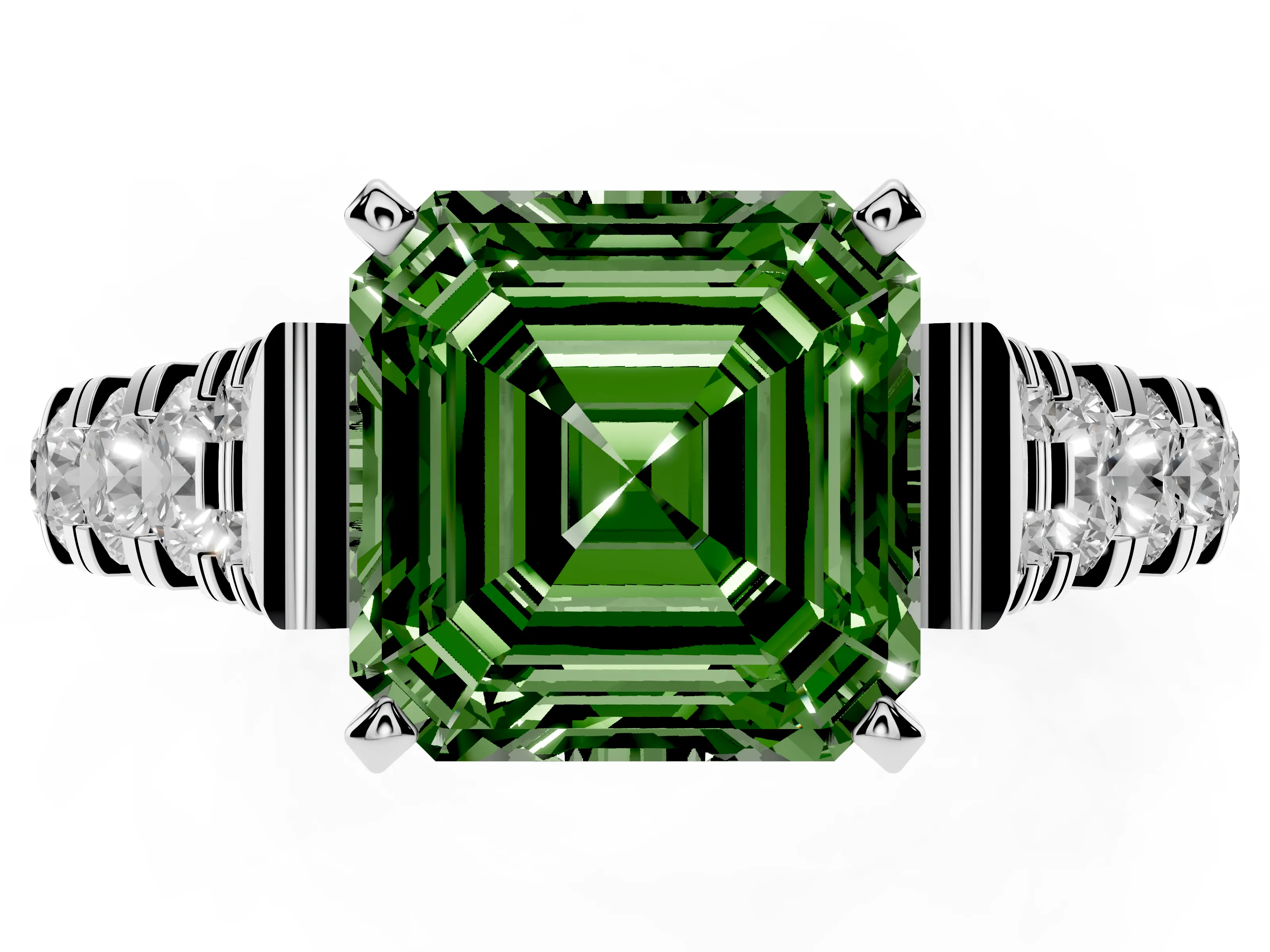 Fancy Green Asscher Cut Diamond Classic Solitaire Ring Set in White gold with Pavé Band and Prong Setting