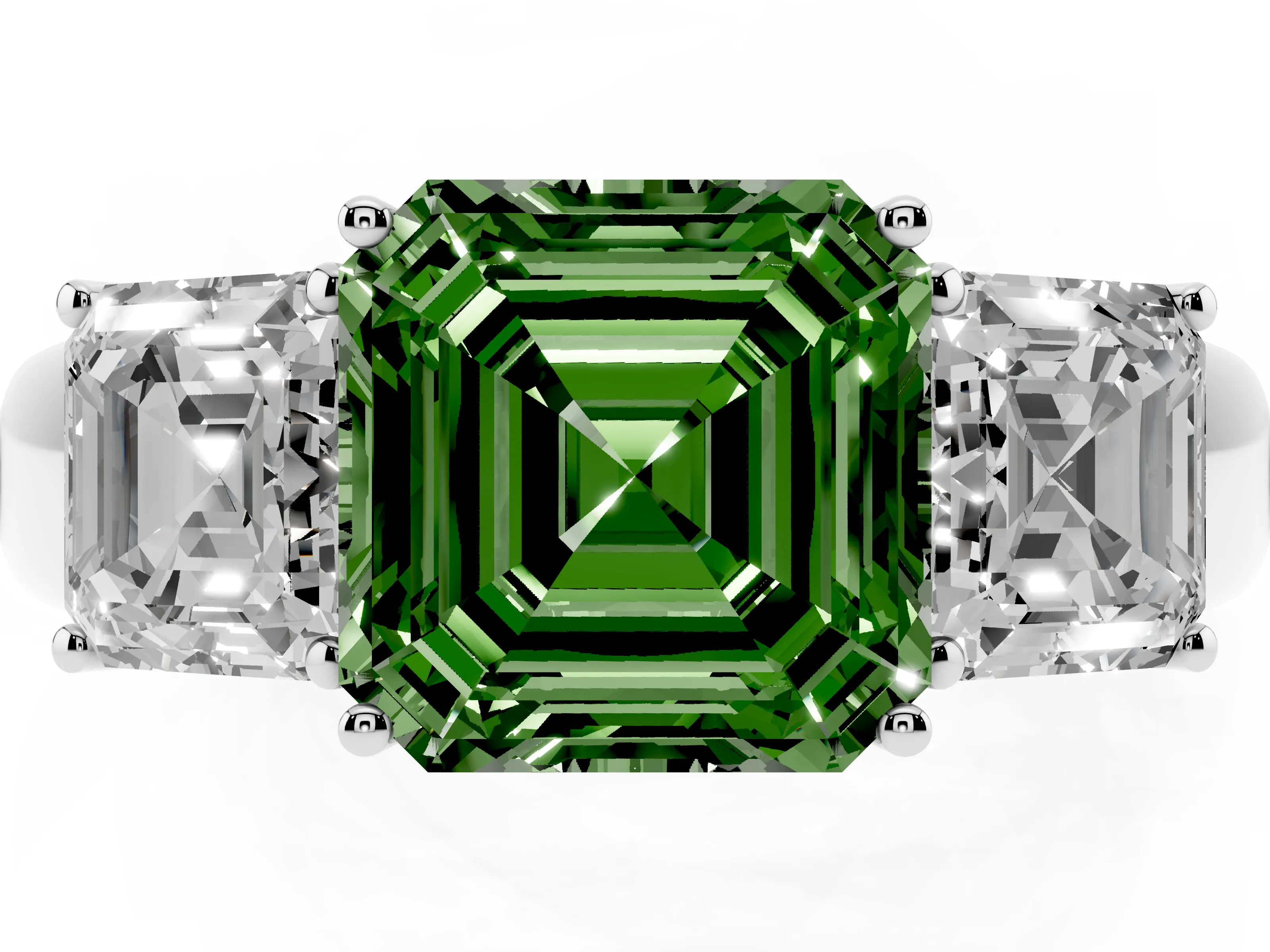 Fancy Green Three-Stone Asscher Cut Diamond Ring Set in White gold with Matching Prong Settings and Plain Band