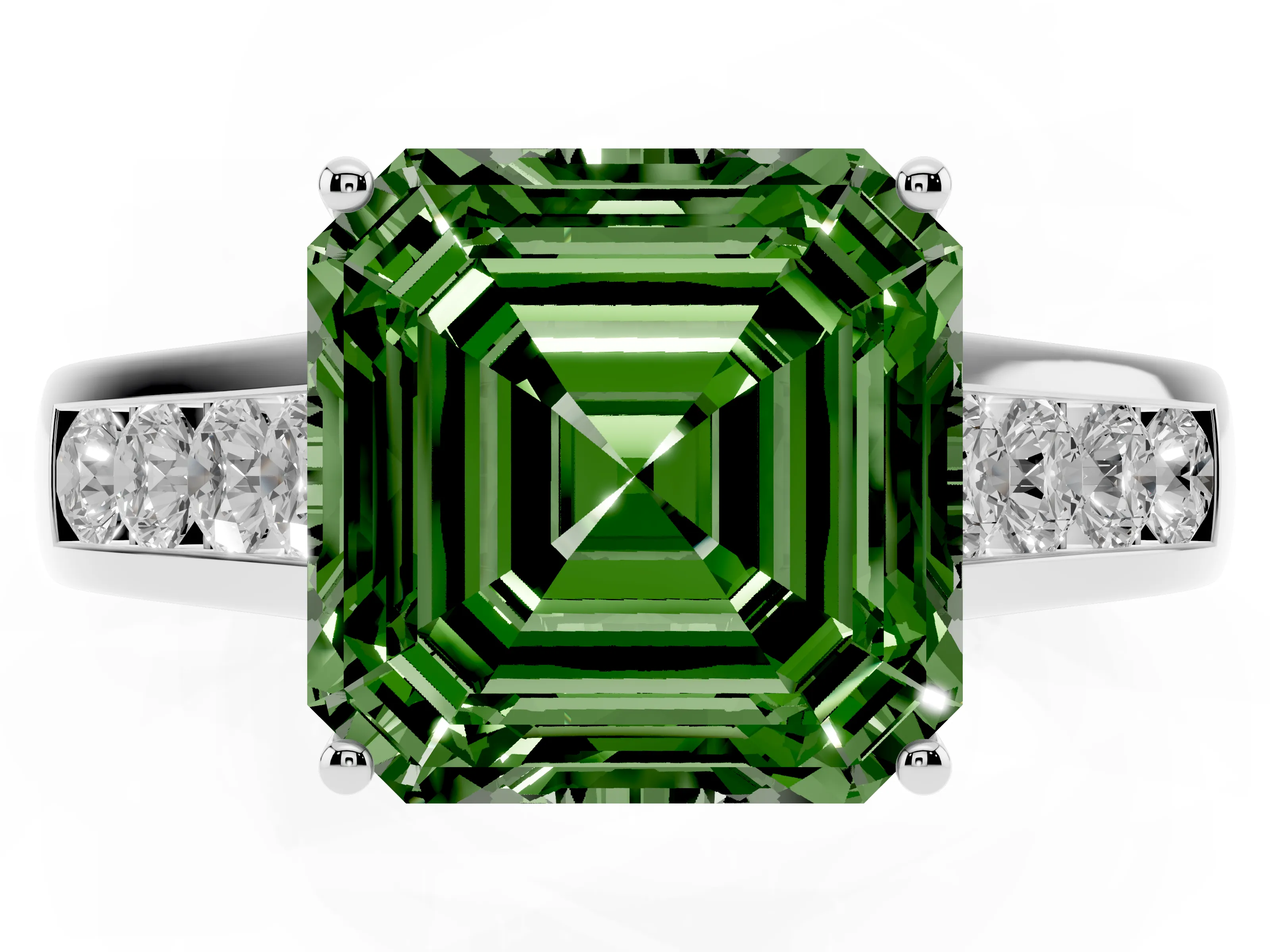 Fancy Green Asscher Cut Diamond Brilliant Channel-Set Solitaire Ring Set in White gold with Prong Setting