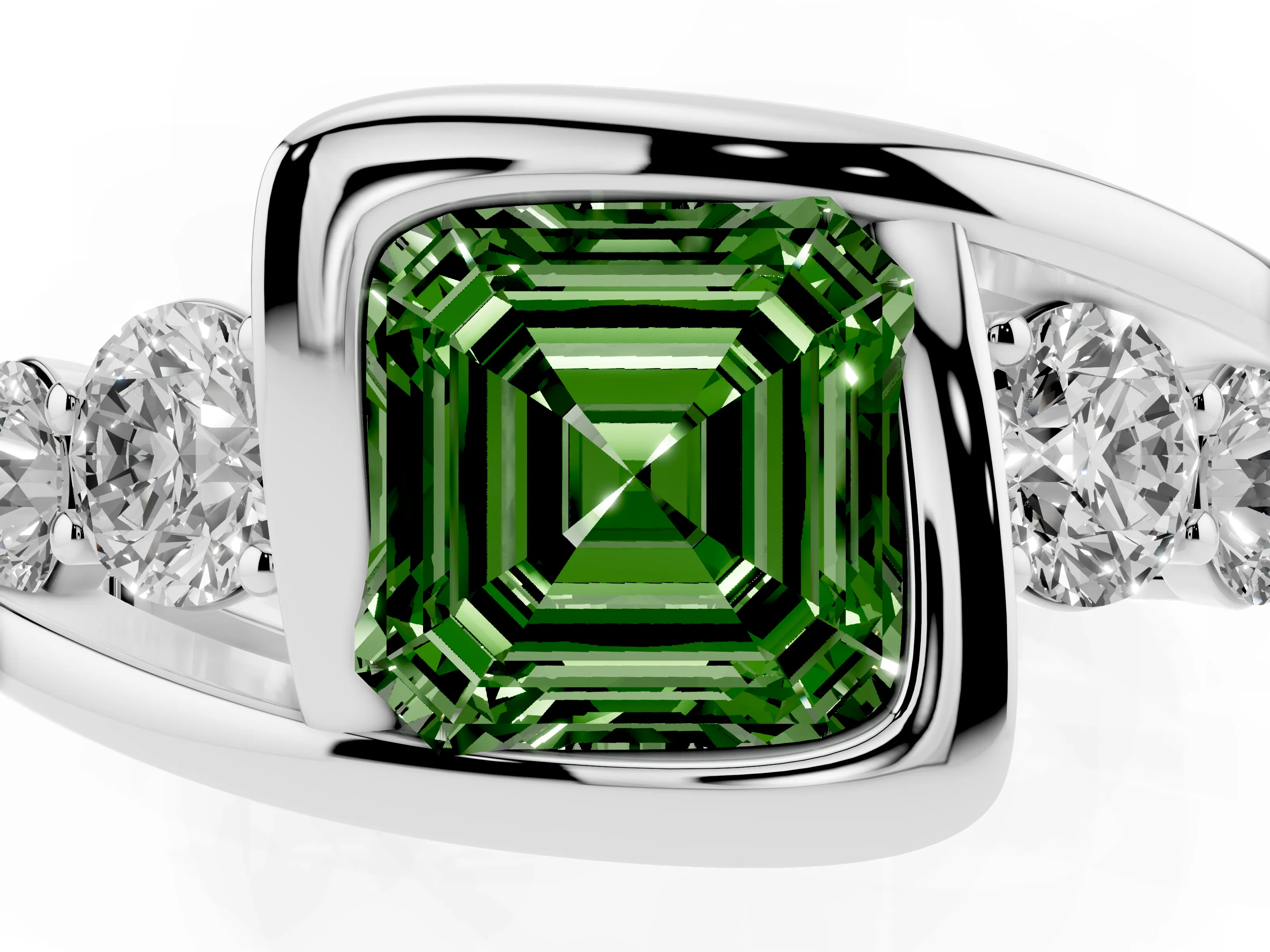 Fancy Green Asscher Cut Diamond Bezel Bypass Ring Set in Silver with Round Accents