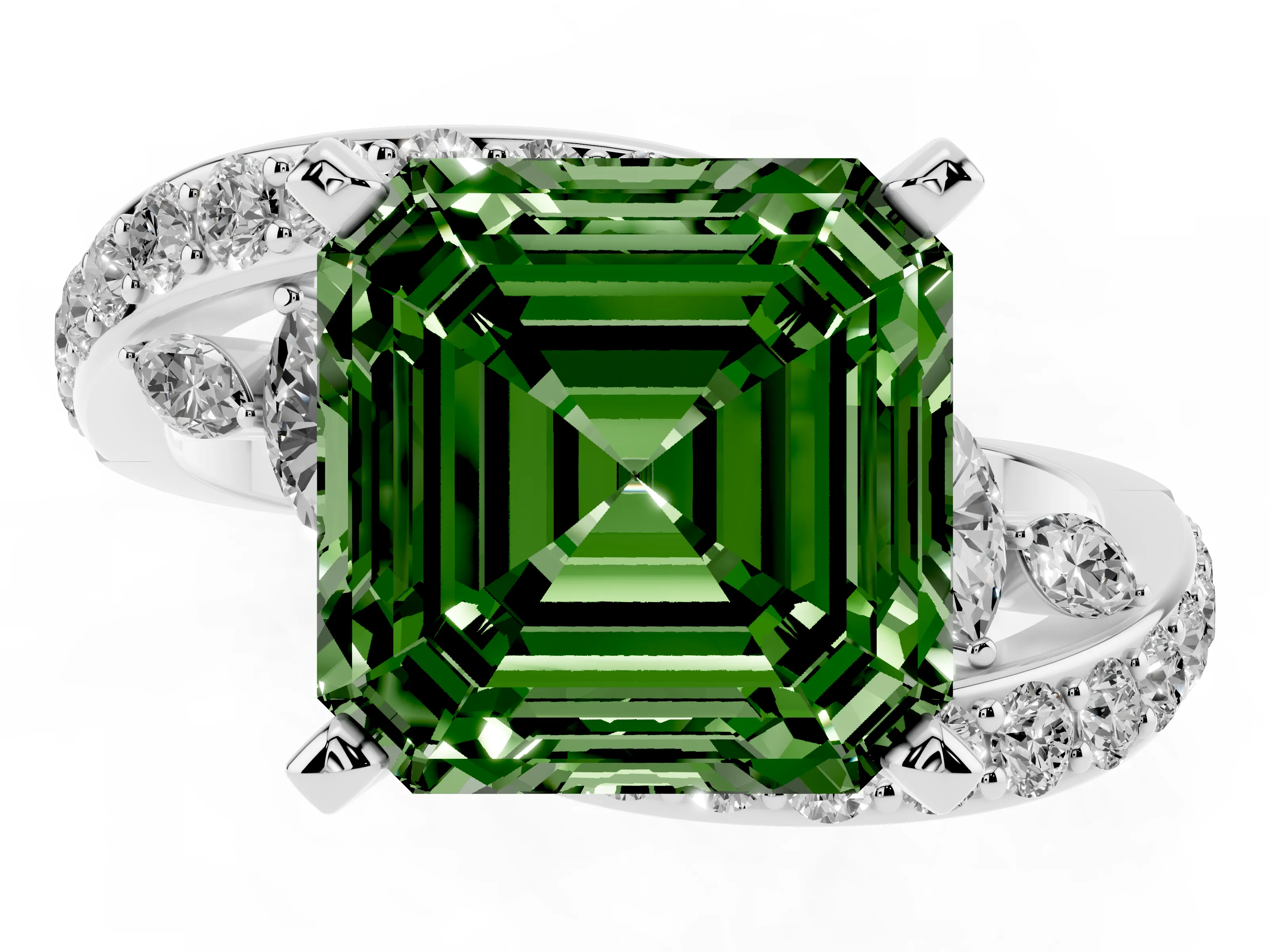 Fancy Green Asscher Cut Diamond Solitaire Ring Set in White gold with Pavé Twist Band and Secure Prong Setting