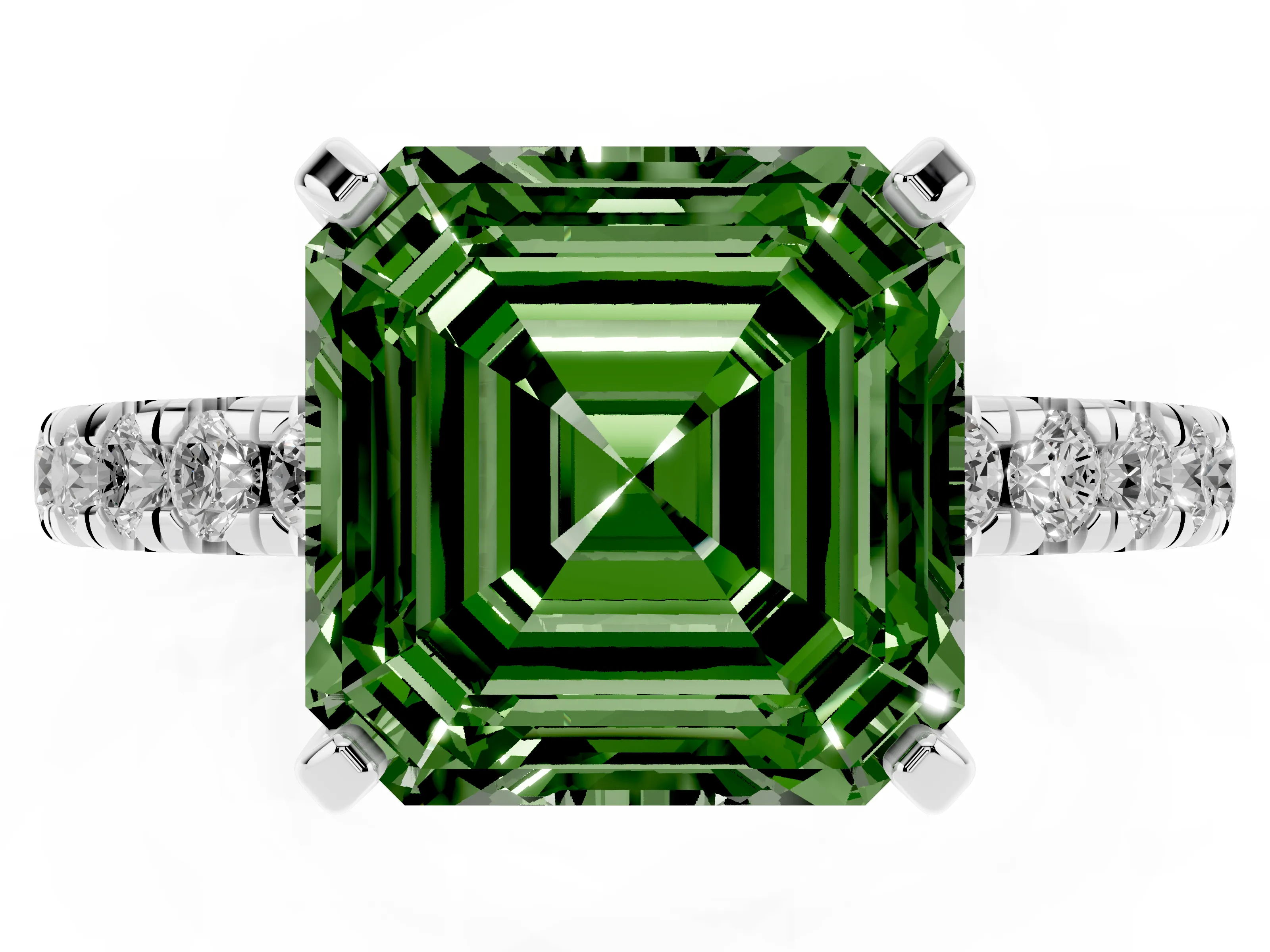 Fancy Green Asscher Cut Diamond Pavé Solitaire Ring Set in White gold with Round Band and Prong Setting
