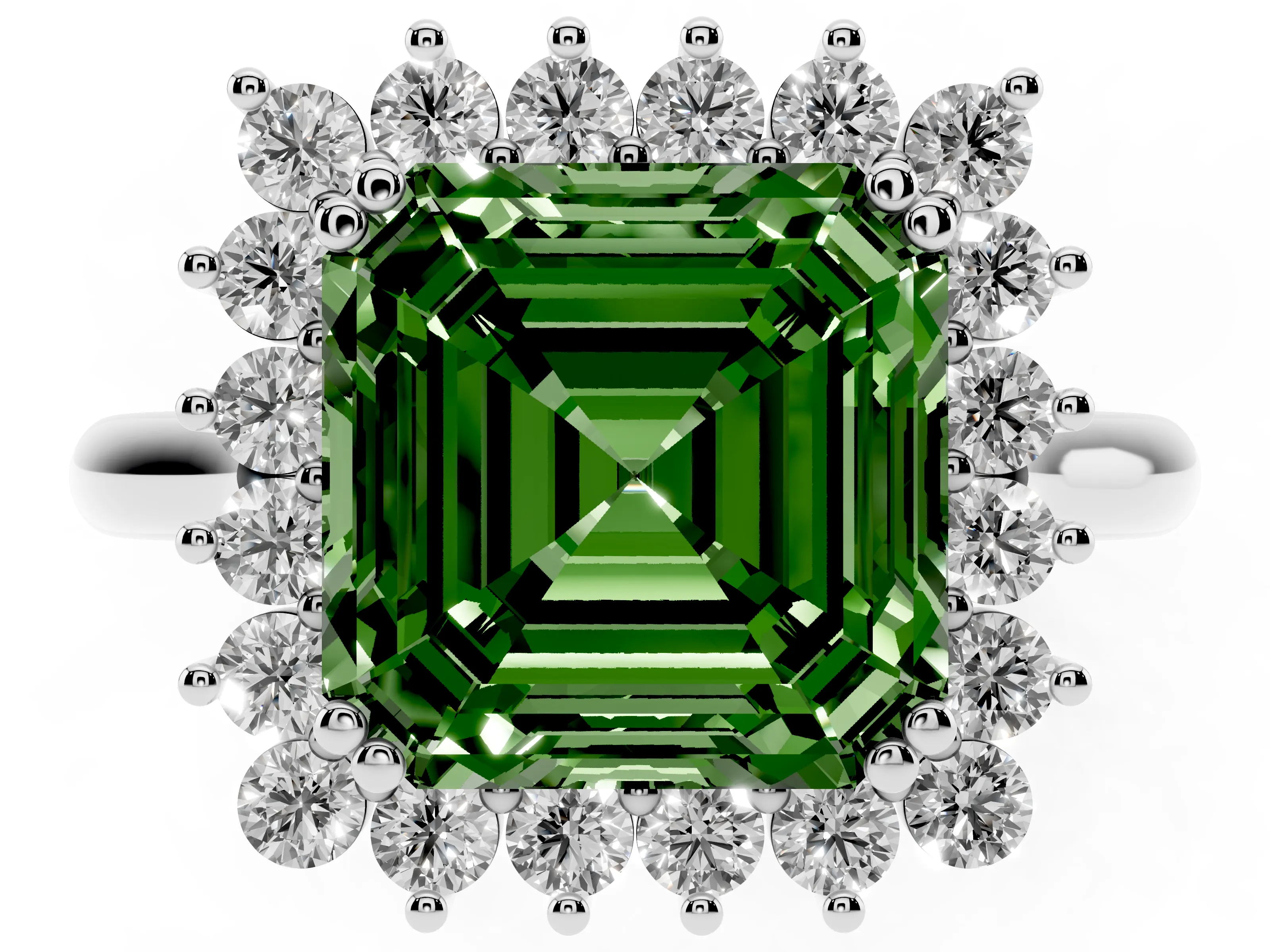 Fancy Green Asscher Cut Diamond Halo Ring Set in Platinum with Plain Solitaire Band and Prong Setting