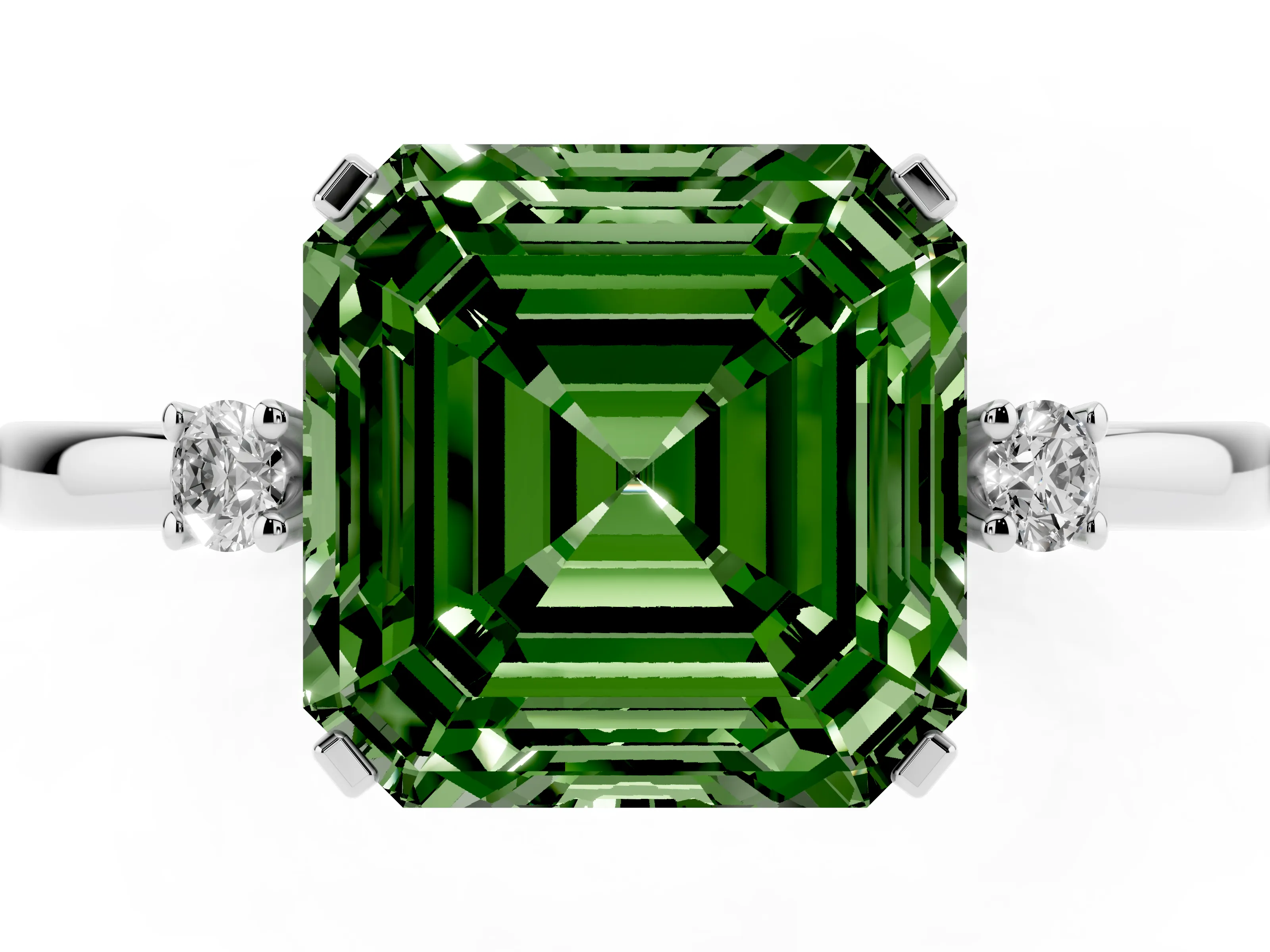 Fancy Green Three-Stone Asscher Cut Diamond Solitaire Ring Set in White gold with Round Accent Stones and Prong Setting