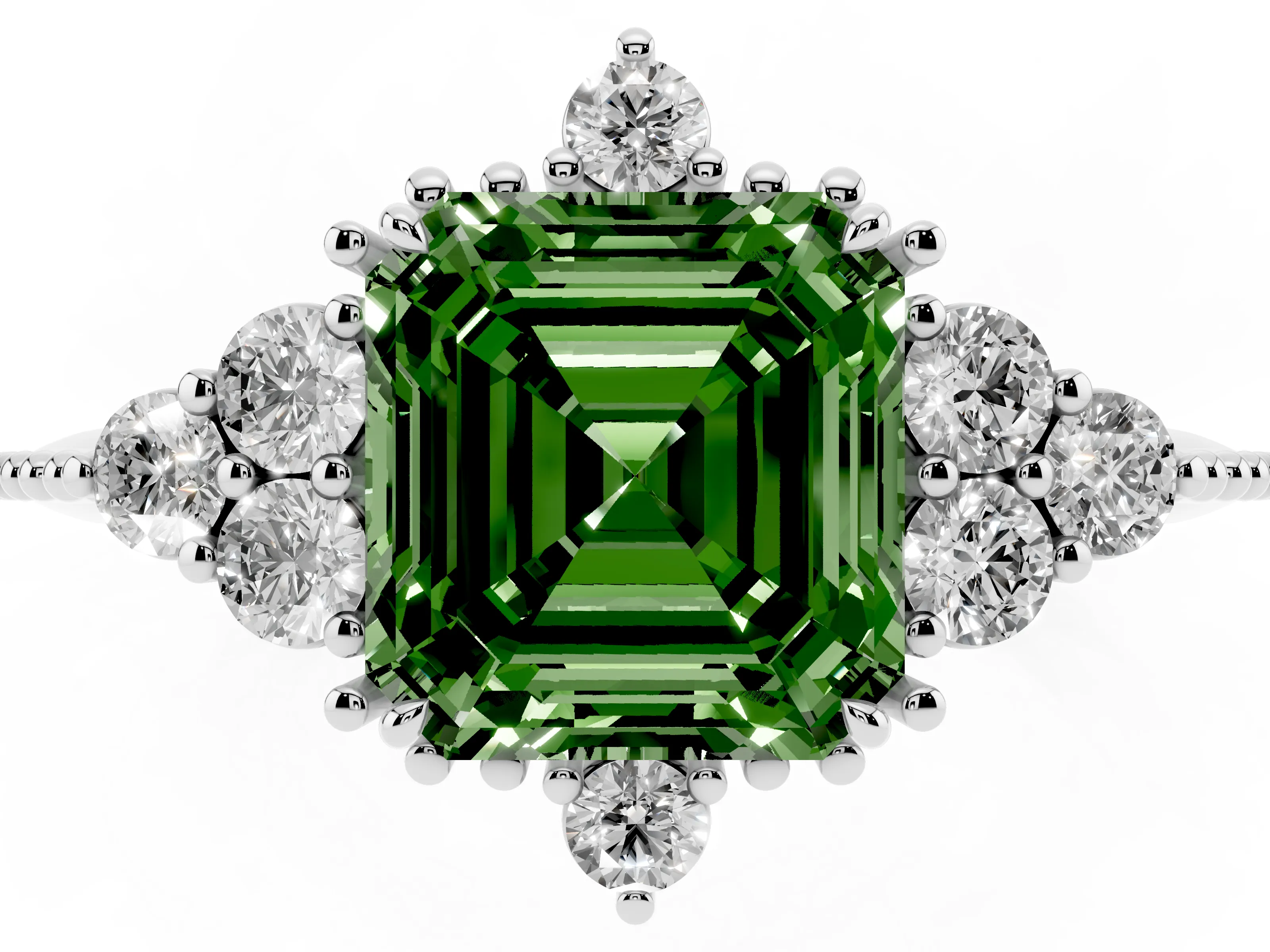 Fancy Green Asscher Cut Diamond Cluster Ring Set in Silver with Beaded Band