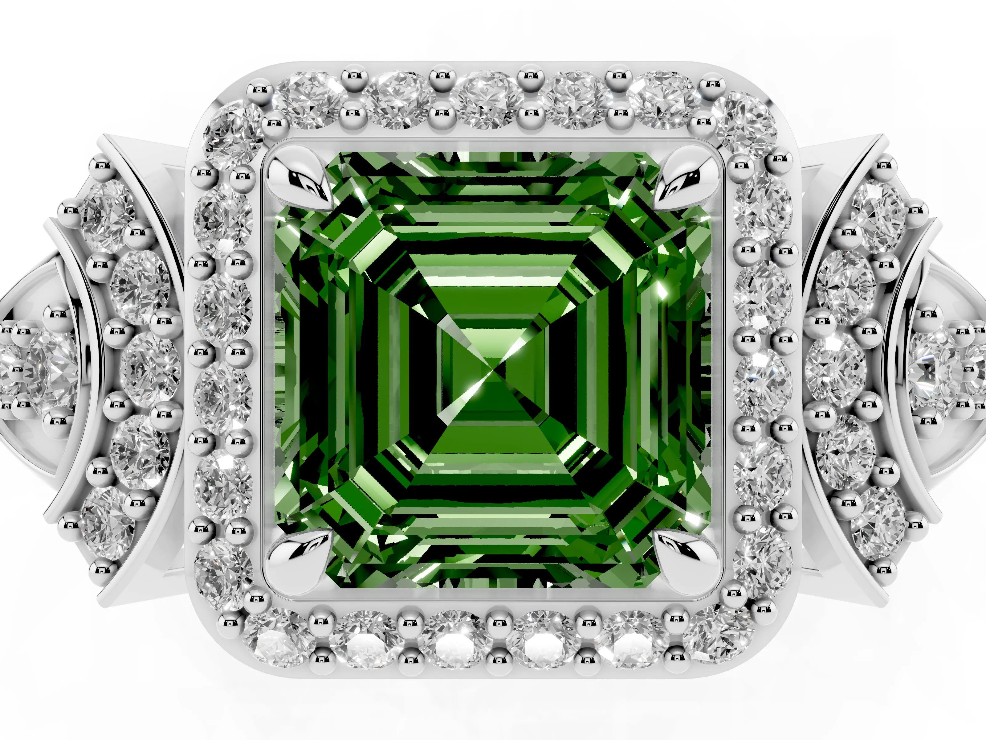 Fancy Green Asscher Cut Diamond Halo Engagement Ring Set in White gold with Accent Stone Split Shank