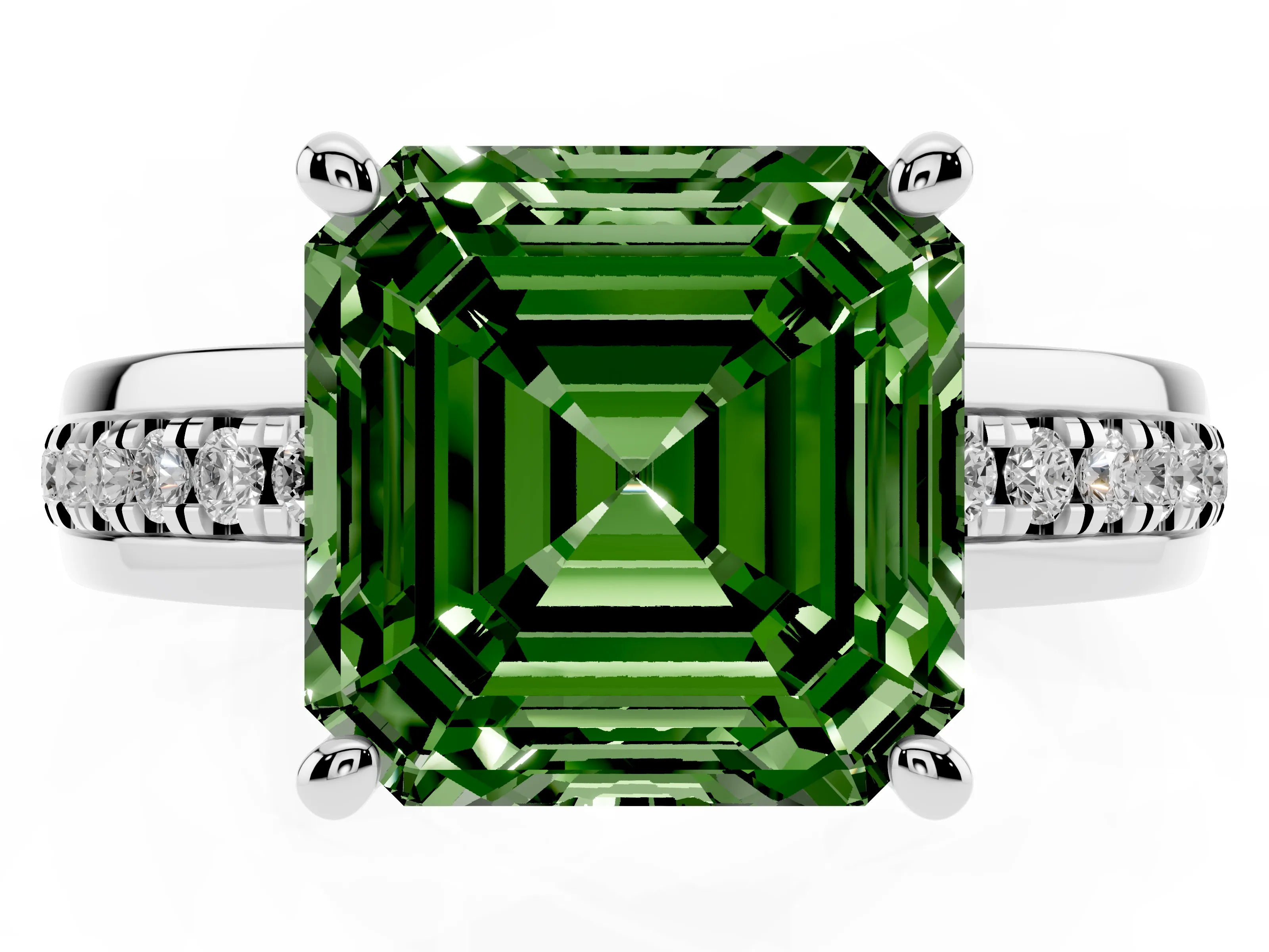 Fancy Green Asscher Cut Diamond Solitaire Ring Set in White gold with Channel Set Band and Prong Setting