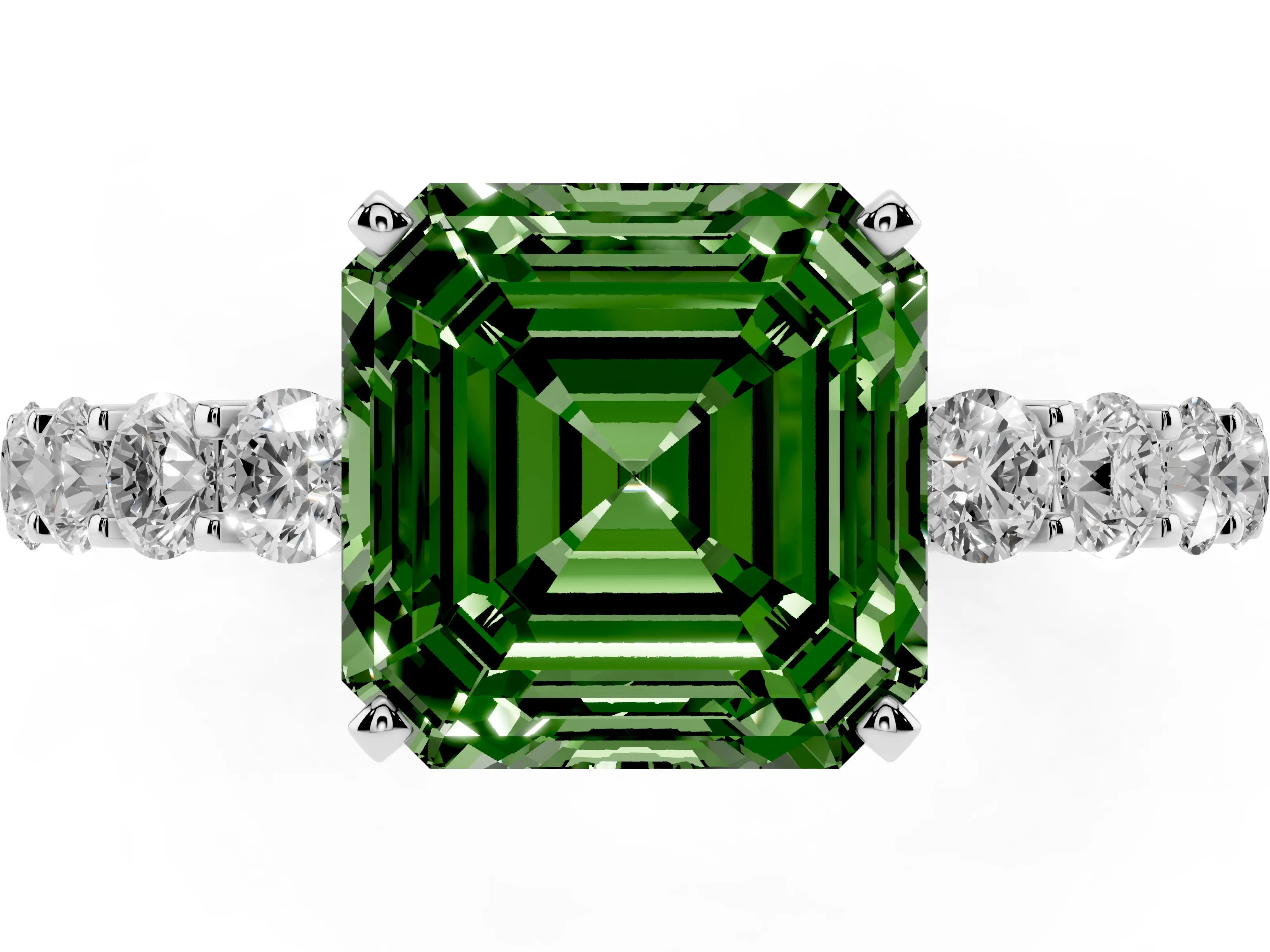 Fancy Green Asscher Cut Diamond Solitaire Ring Set in Silver with Shared Prong Pavé Band