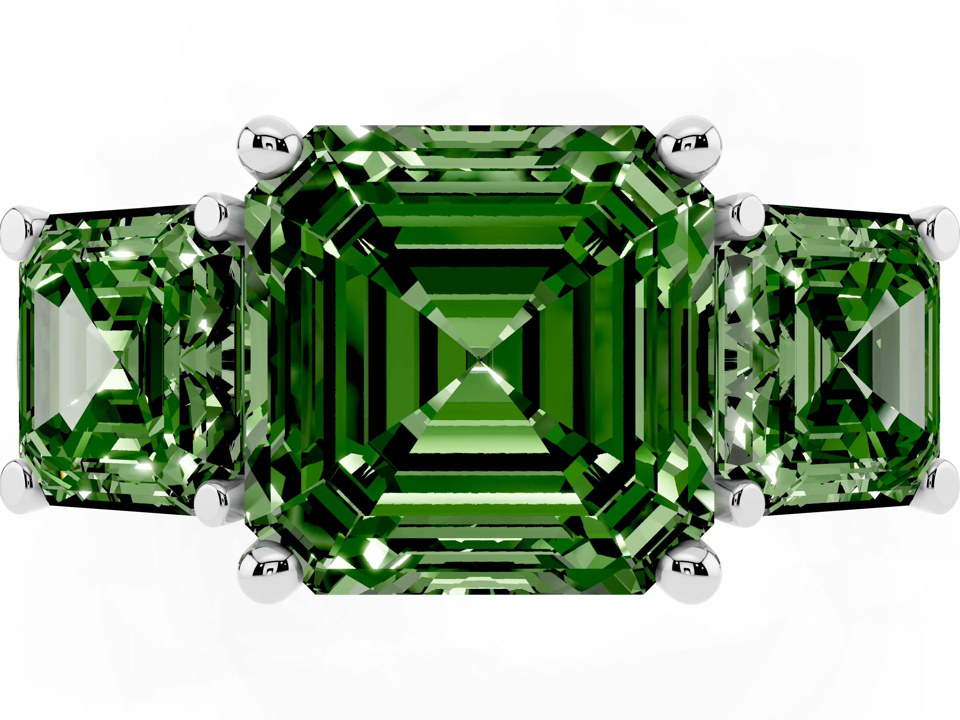 Fancy Green Asscher Cut Diamond Three-Stone Trellis Ring Set in White gold with Comfort Fit Band