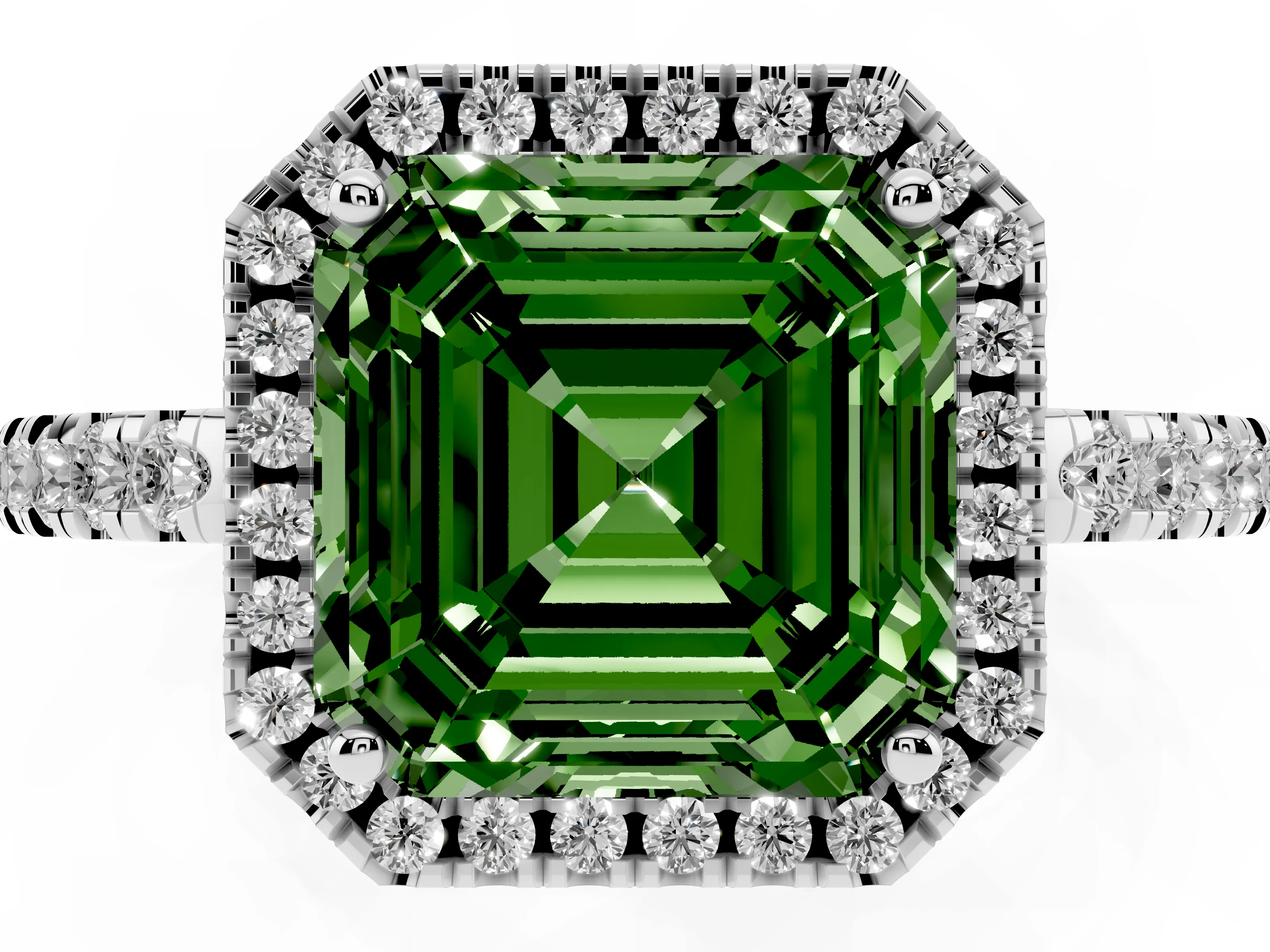 Fancy Green Asscher Cut Diamond Pavé Band Halo Engagement Ring Set in Silver with Prong Setting