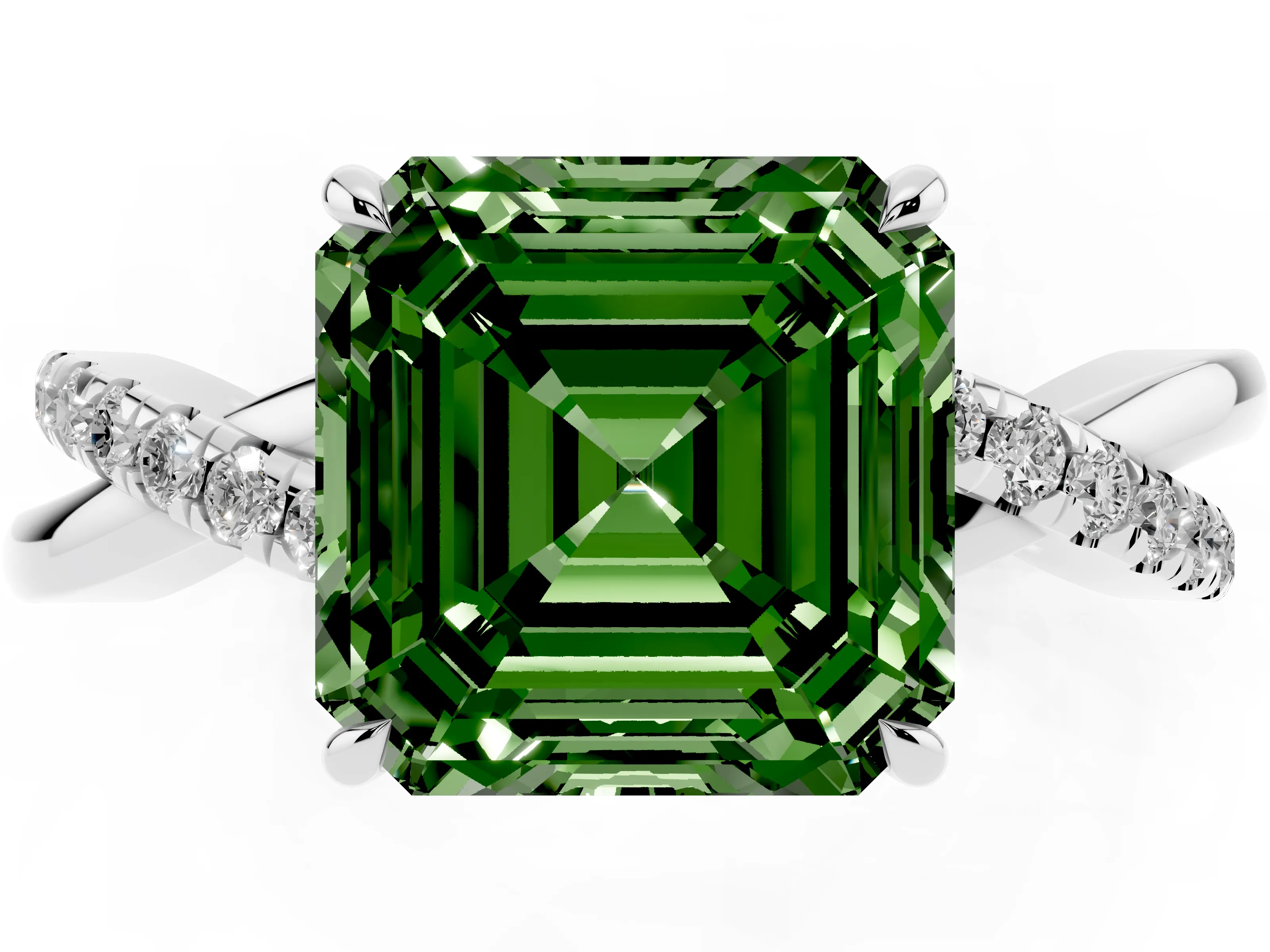 Fancy Green Asscher Cut Diamond Twisted Pavé Band Ring Set in Silver with Prong Setting