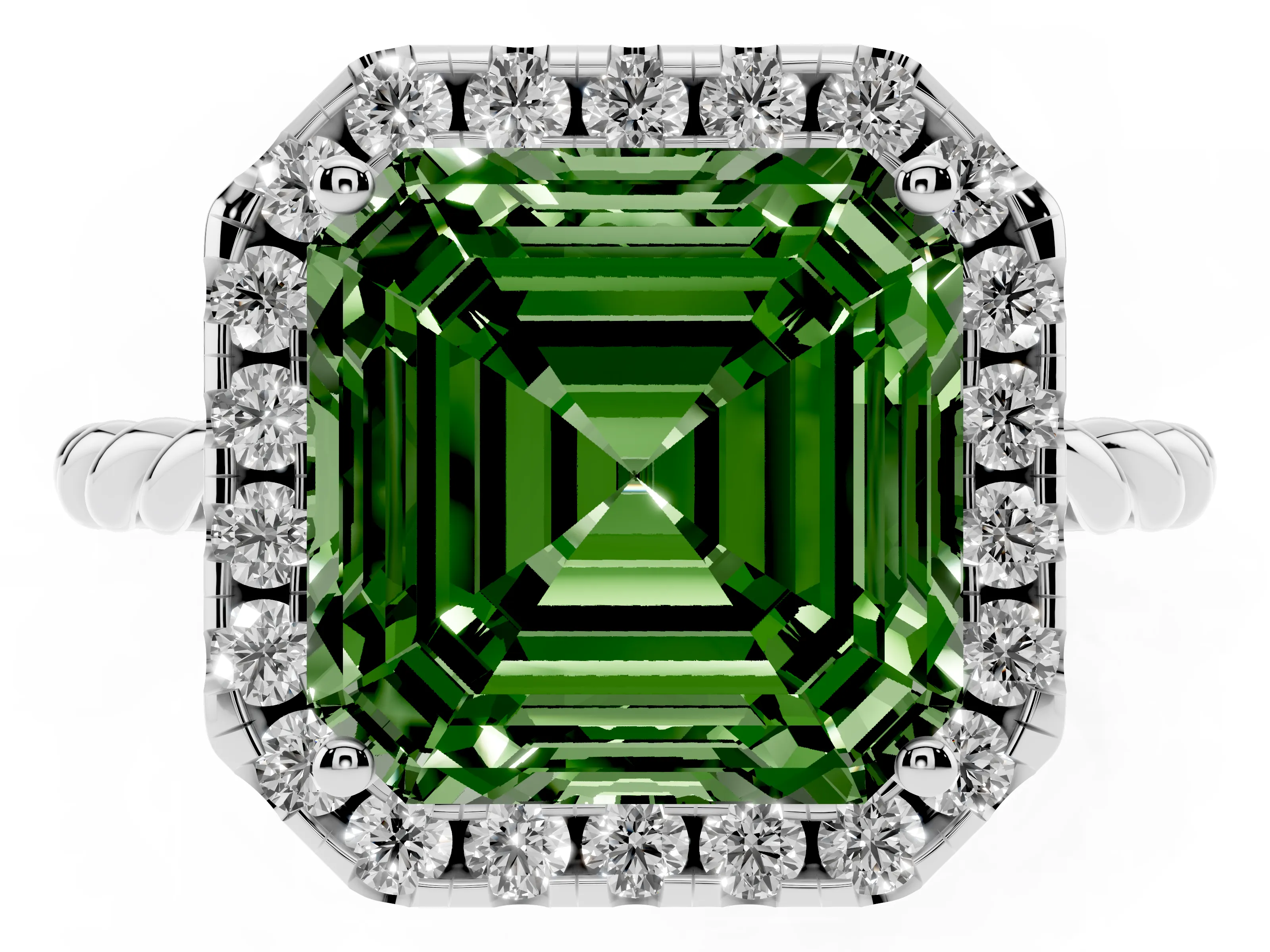 Fancy Green Asscher Cut Diamond Halo Ring Set in Platinum with Plain Twisted Band