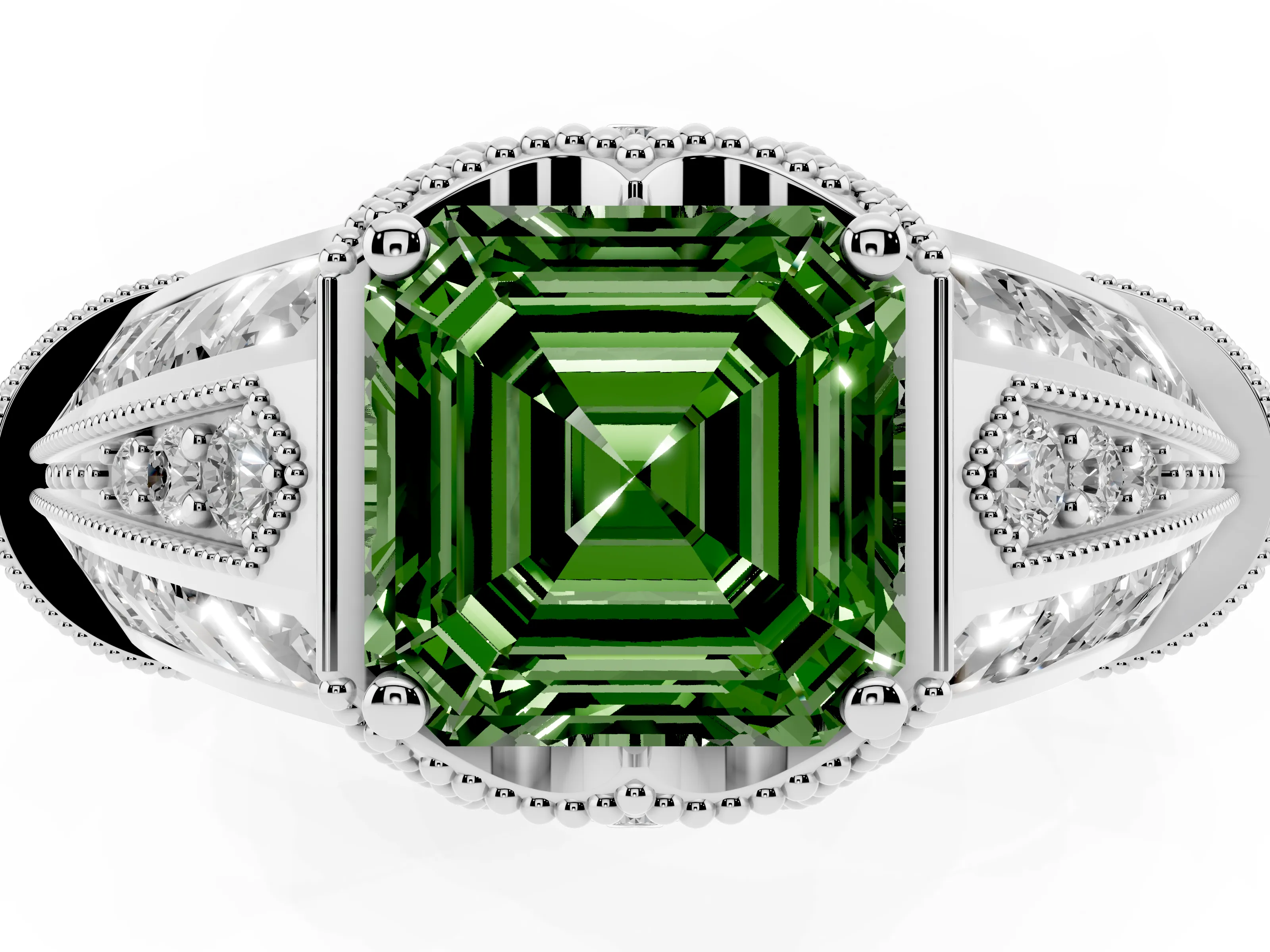 Fancy Green Asscher Cut Diamond Vintage-Inspired Milgrain Ring Set in Platinum with Accent Split Shank
