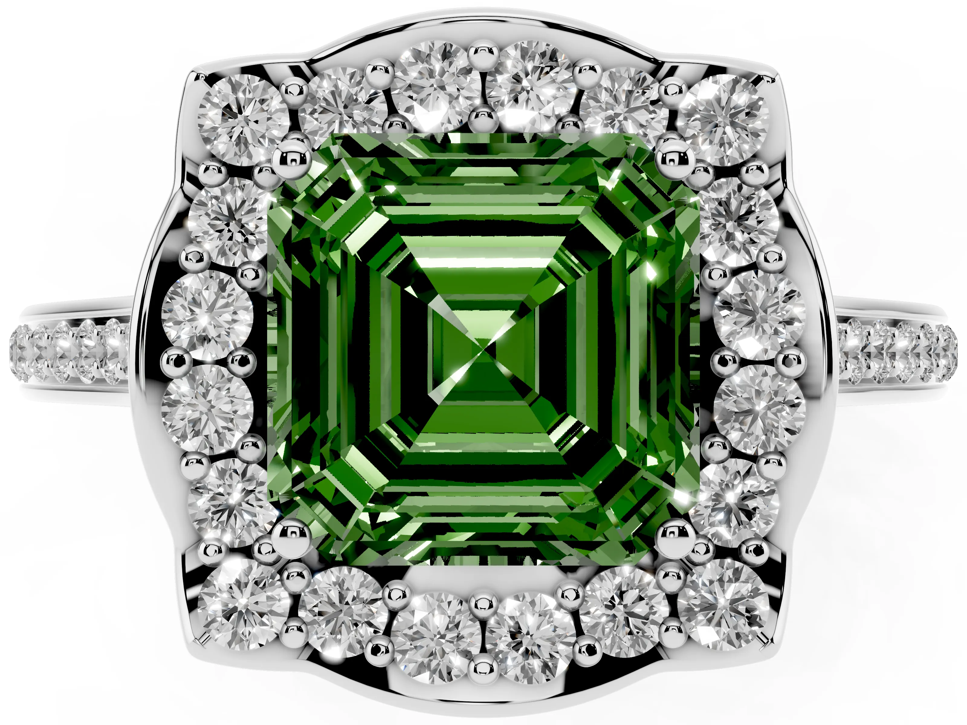 Fancy Green Asscher Cut Diamond Halo Ring Set in Silver with Pavé-Lined Shoulders and Prong Setting