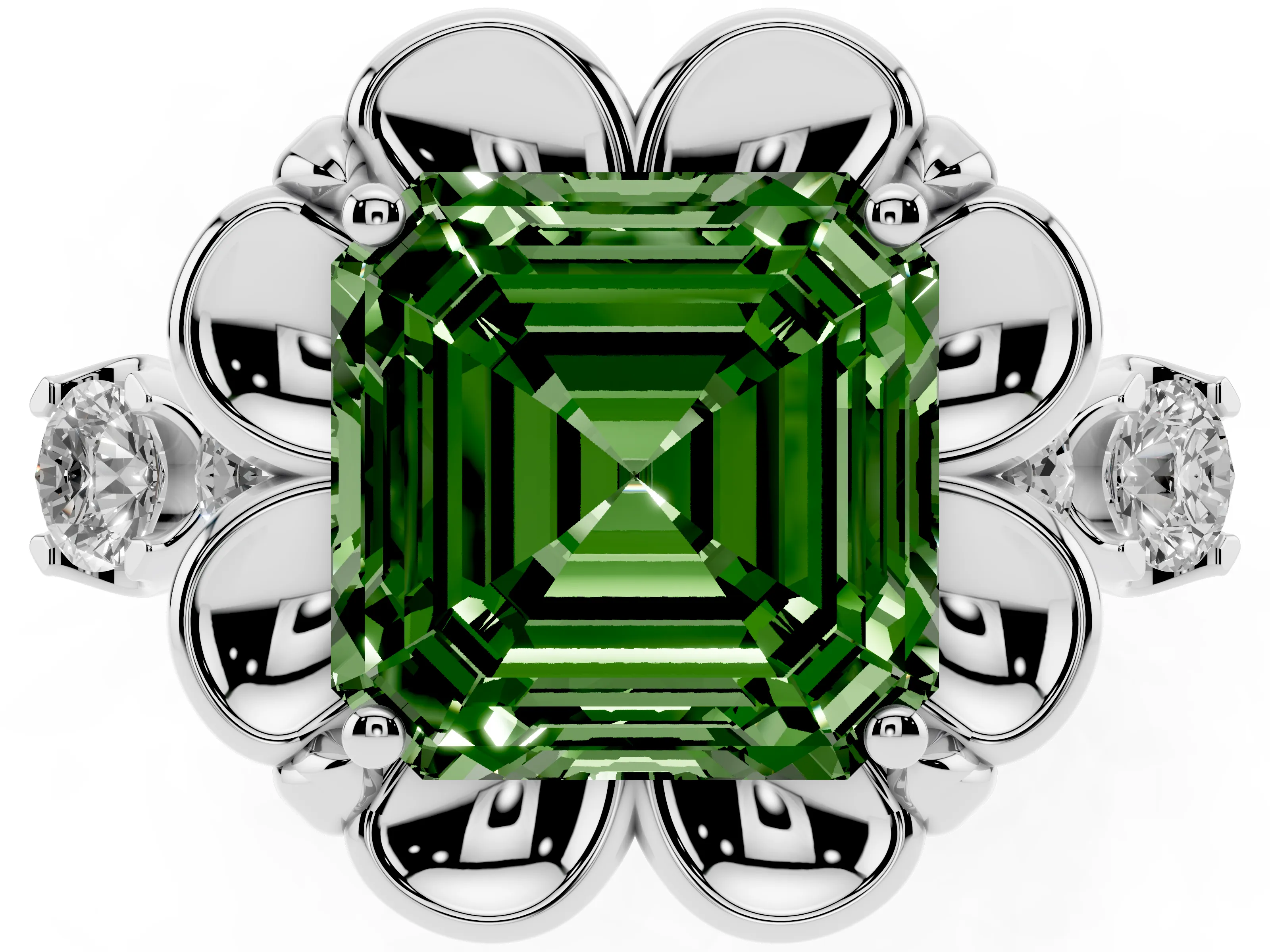 Fancy Green Asscher Cut Diamond Floral Halo Ring Set in White gold with Shared Prong Band